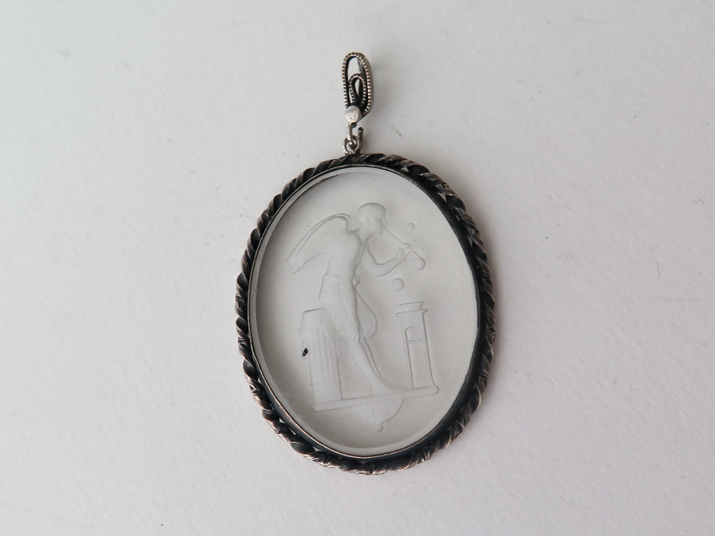 Vintage Art Deco Etched Glass Pendant, Eros Blowing Soap Bubbles, Cupid Pendant