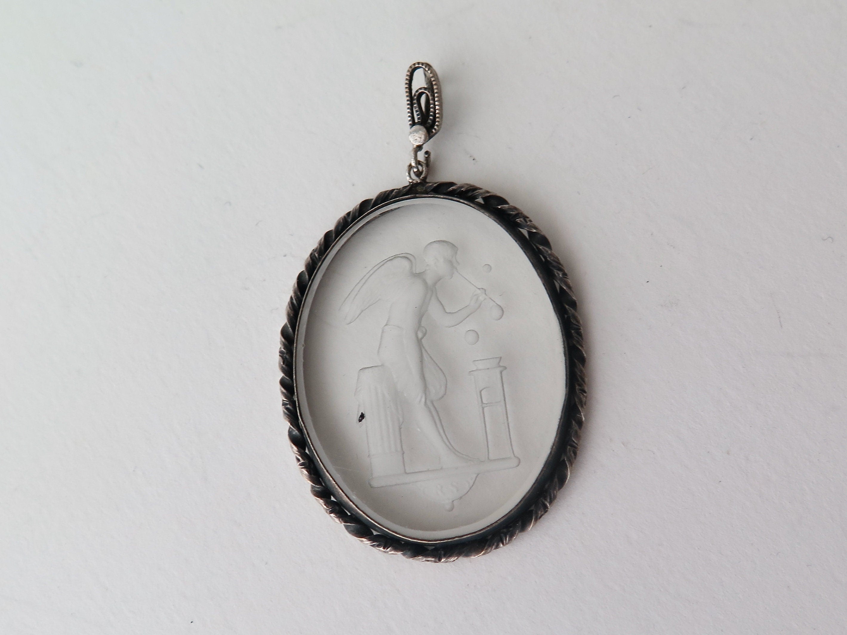 Vintage Art Deco Etched Glass Pendant, Eros Blowing Soap Bubbles, Cupid Pendant