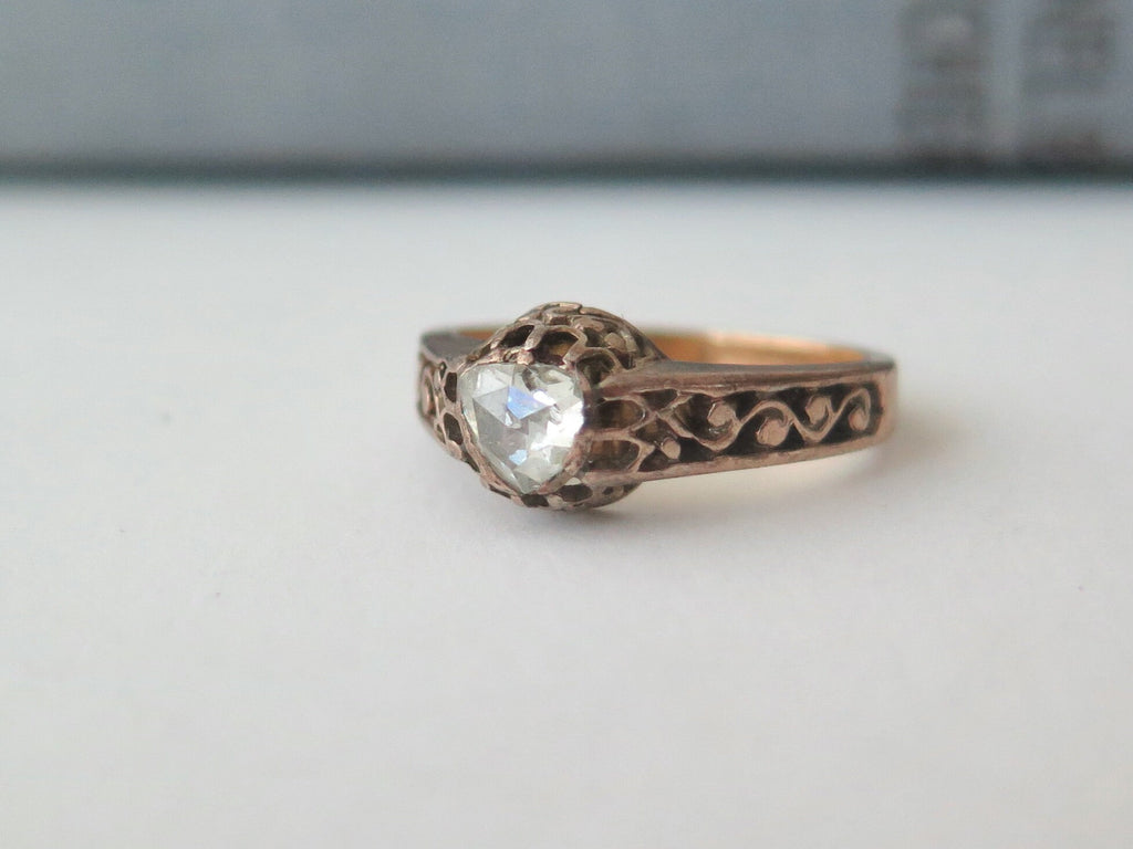 Antique Victorian 9k Gold Diamond Ring: Heart Shaped Rose Cut Solitaire