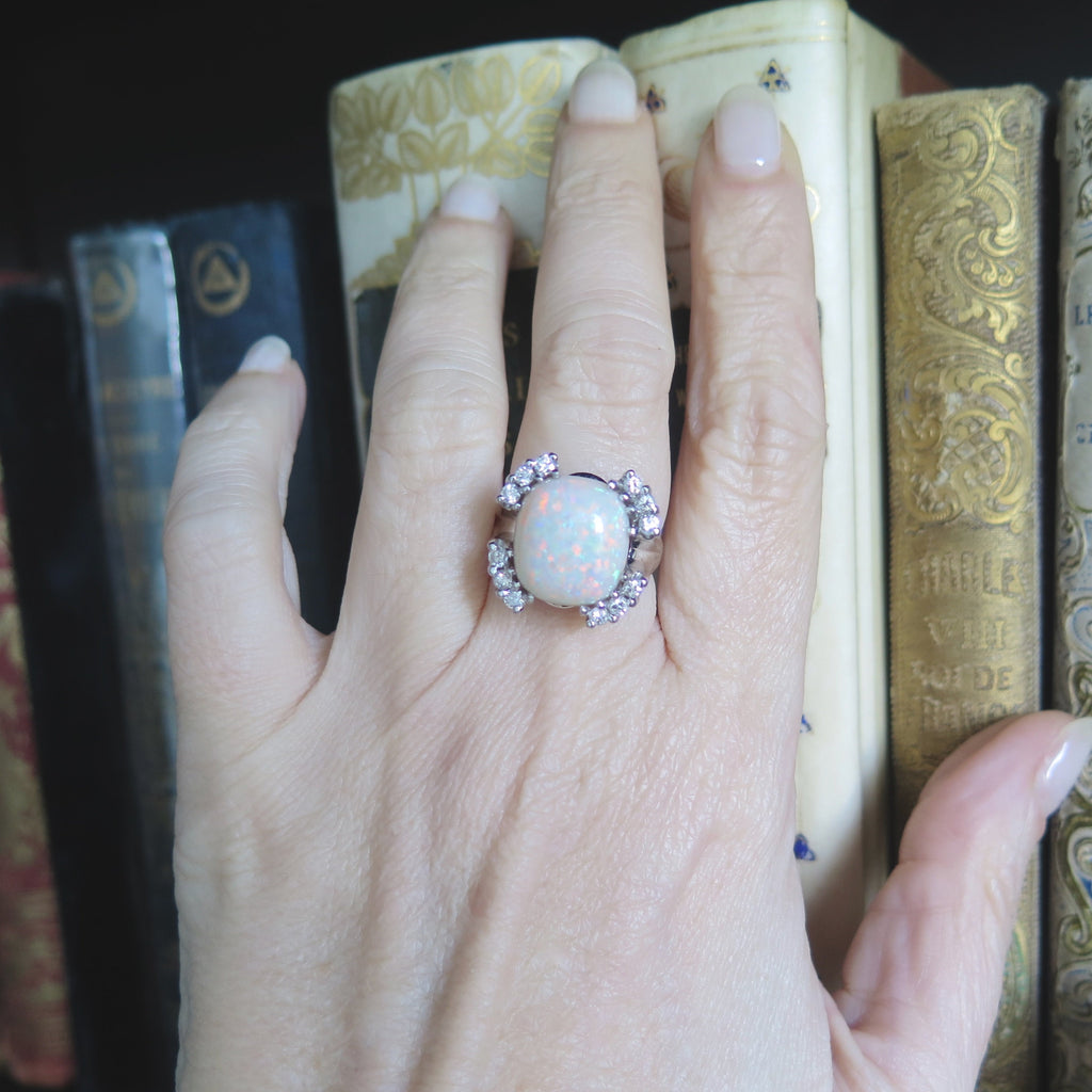 Vintage 18k Gold Opal Ring with Diamonds, XL Statement Ring, Size 6 1/4