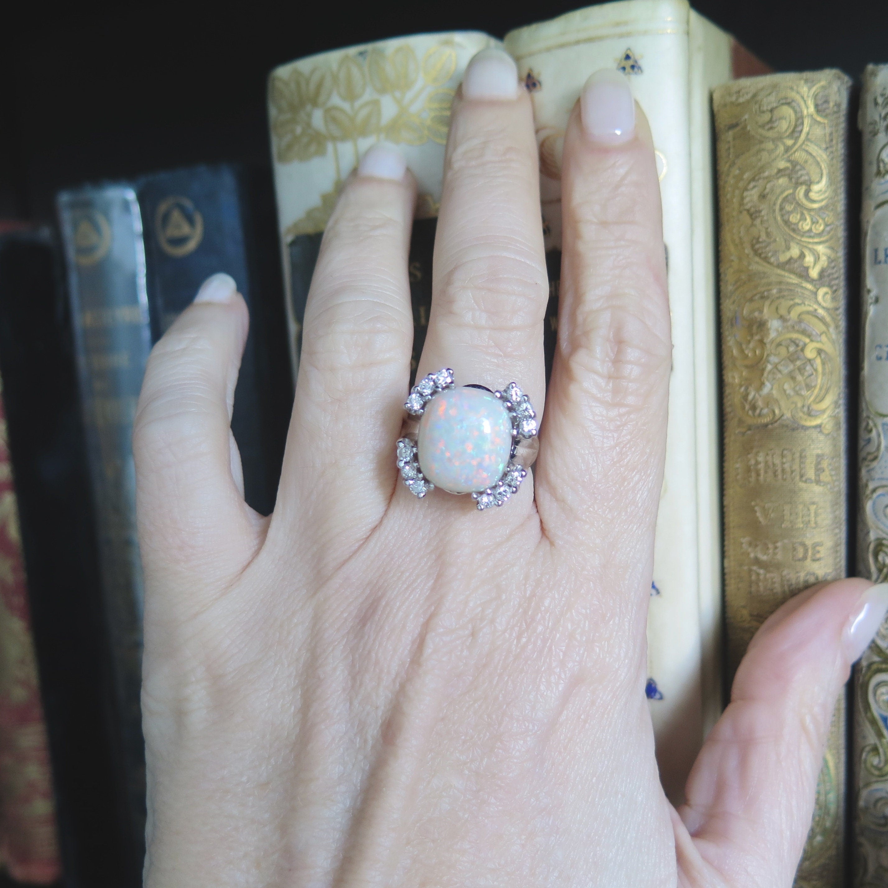 Vintage 18k Gold Opal Ring with Diamonds, XL Statement Ring, Size 6 1/4