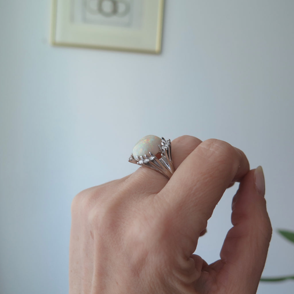 Vintage 18k Gold Opal Ring with Diamonds, XL Statement Ring, Size 6 1/4