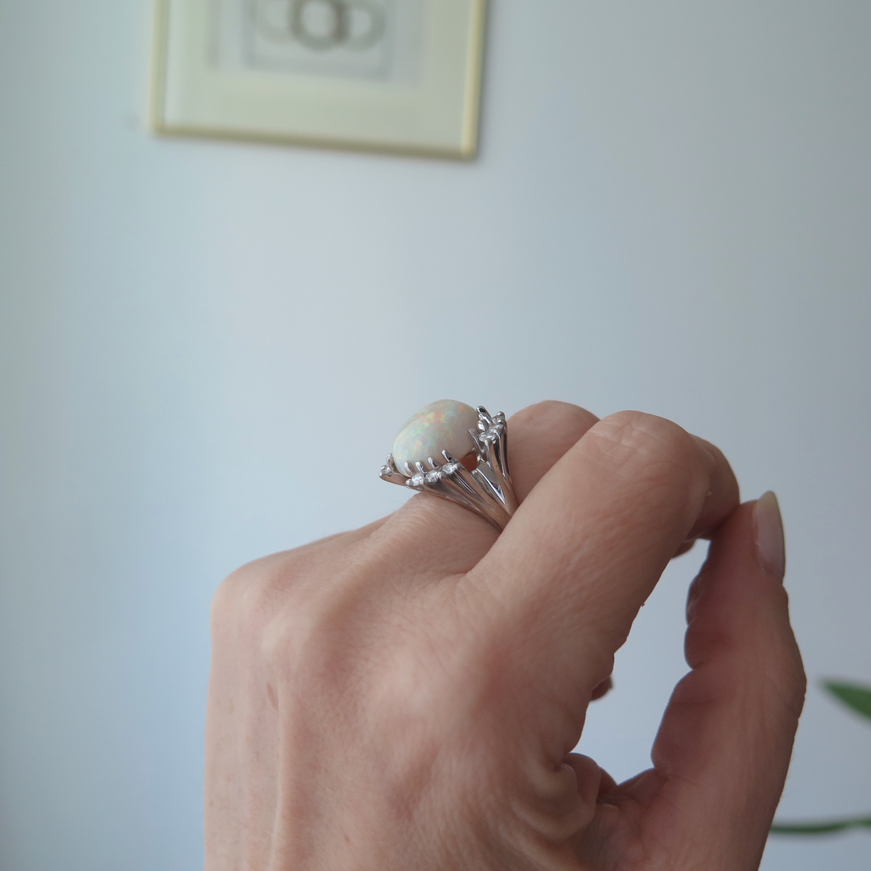 Vintage 18k Gold Opal Ring with Diamonds, XL Statement Ring, Size 6 1/4