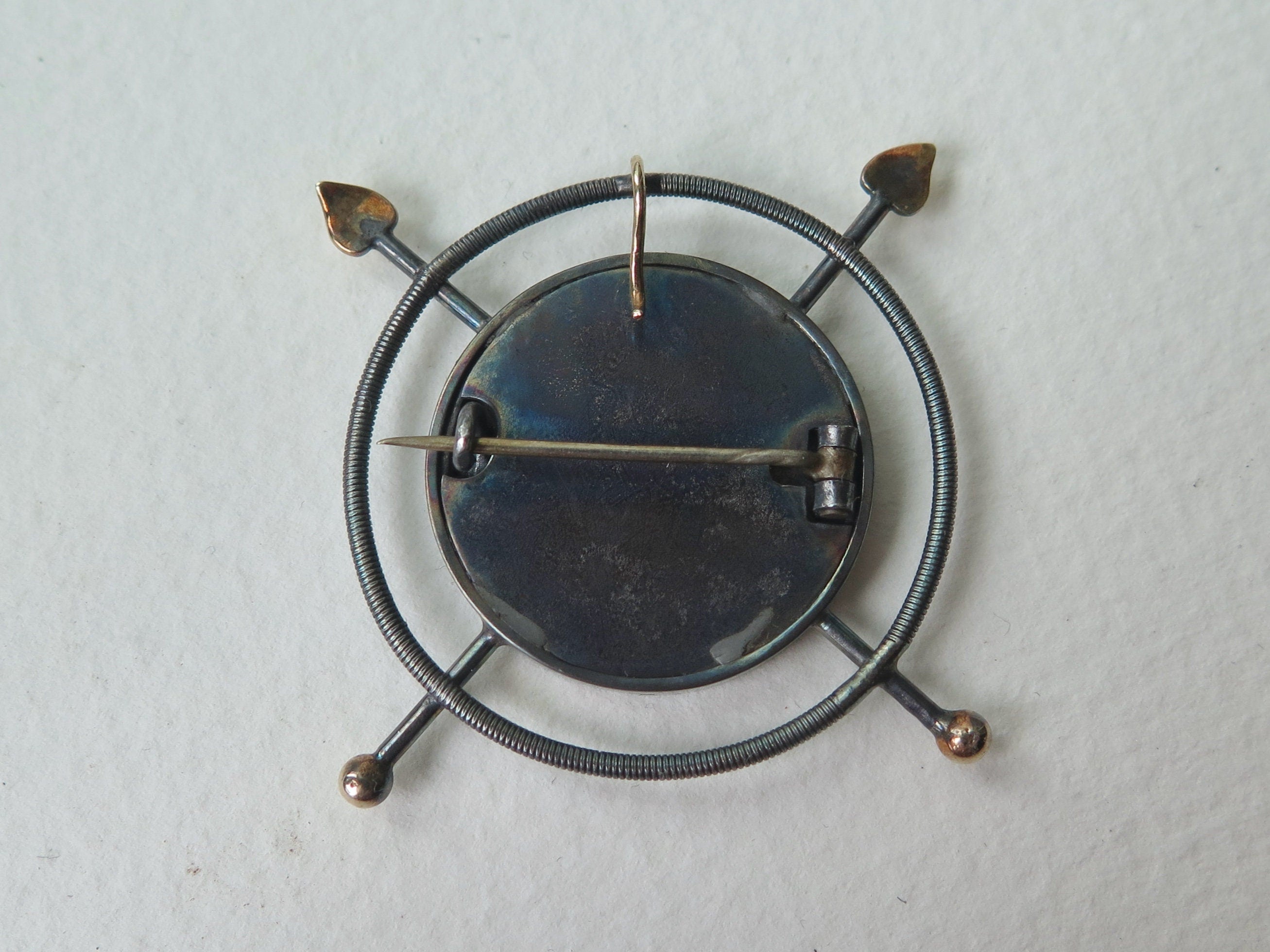Antique Victorian Enameled Silver and Rose Gold Pendant Brooch Warrioress