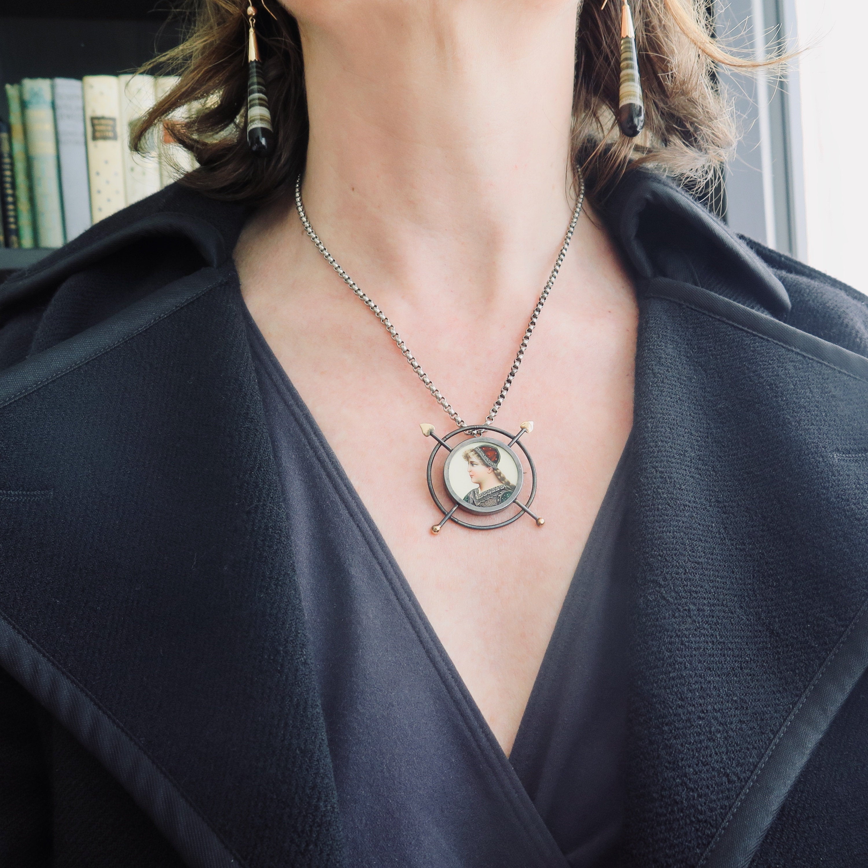 Antique Victorian Enameled Silver and Rose Gold Pendant Brooch Warrioress