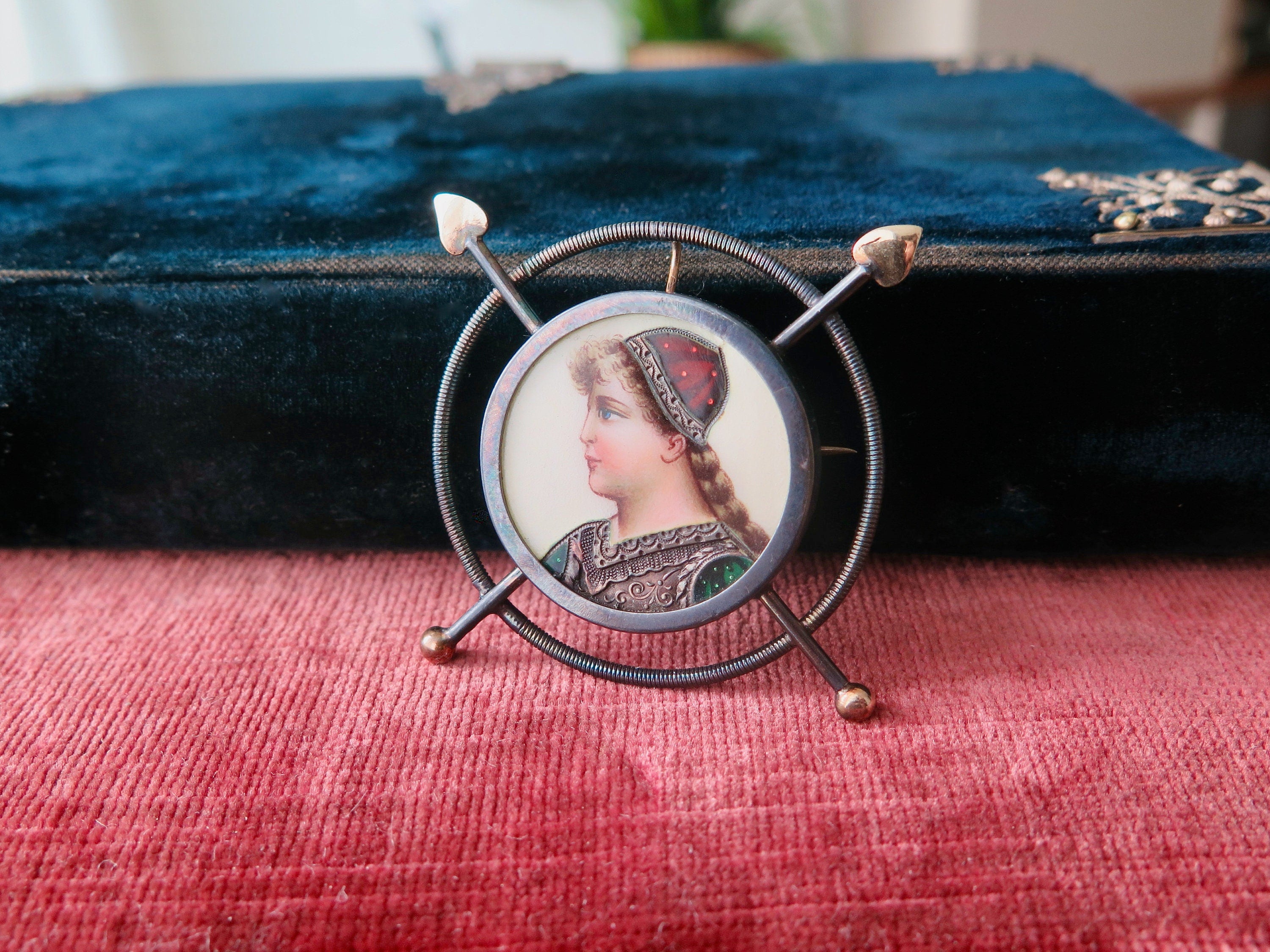 Antique Victorian Enameled Silver and Rose Gold Pendant Brooch Warrioress