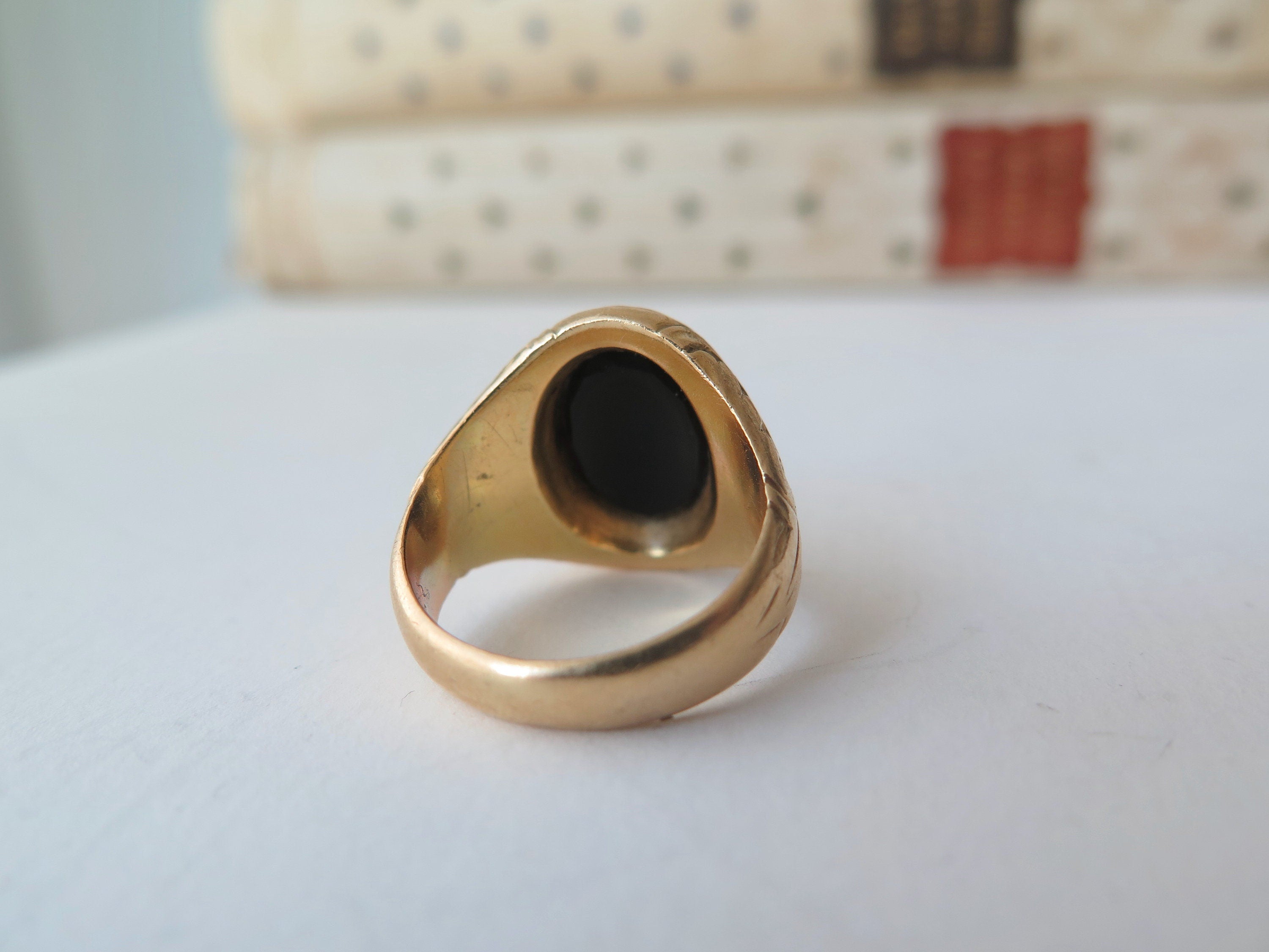Antique 18k Gold Onyx Ring: Engraved Statement Ring, Size 7