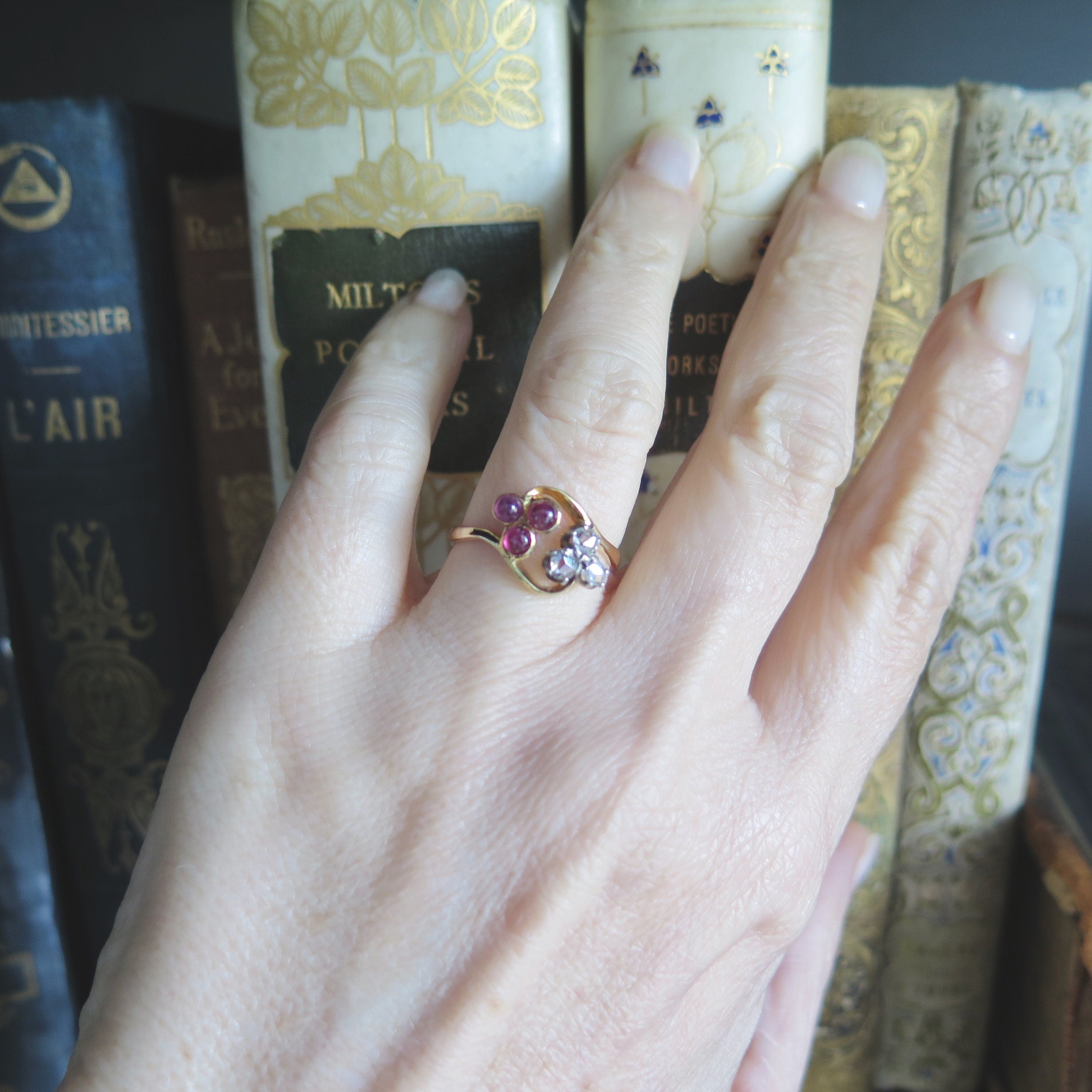 Vintage 18k Gold Ring with Rubies and Diamonds, ca. 1940s