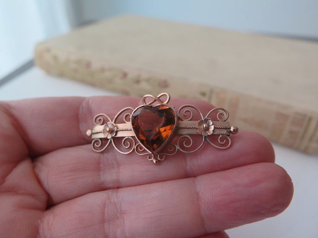 Antique 9k Gold Heart Brooch: Edwardian Yellow Paste Stone