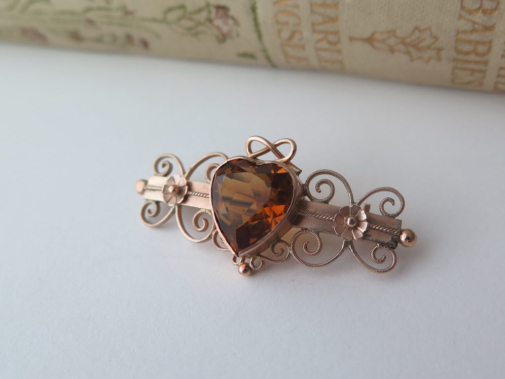 Antique 9k Gold Heart Brooch: Edwardian Yellow Paste Stone