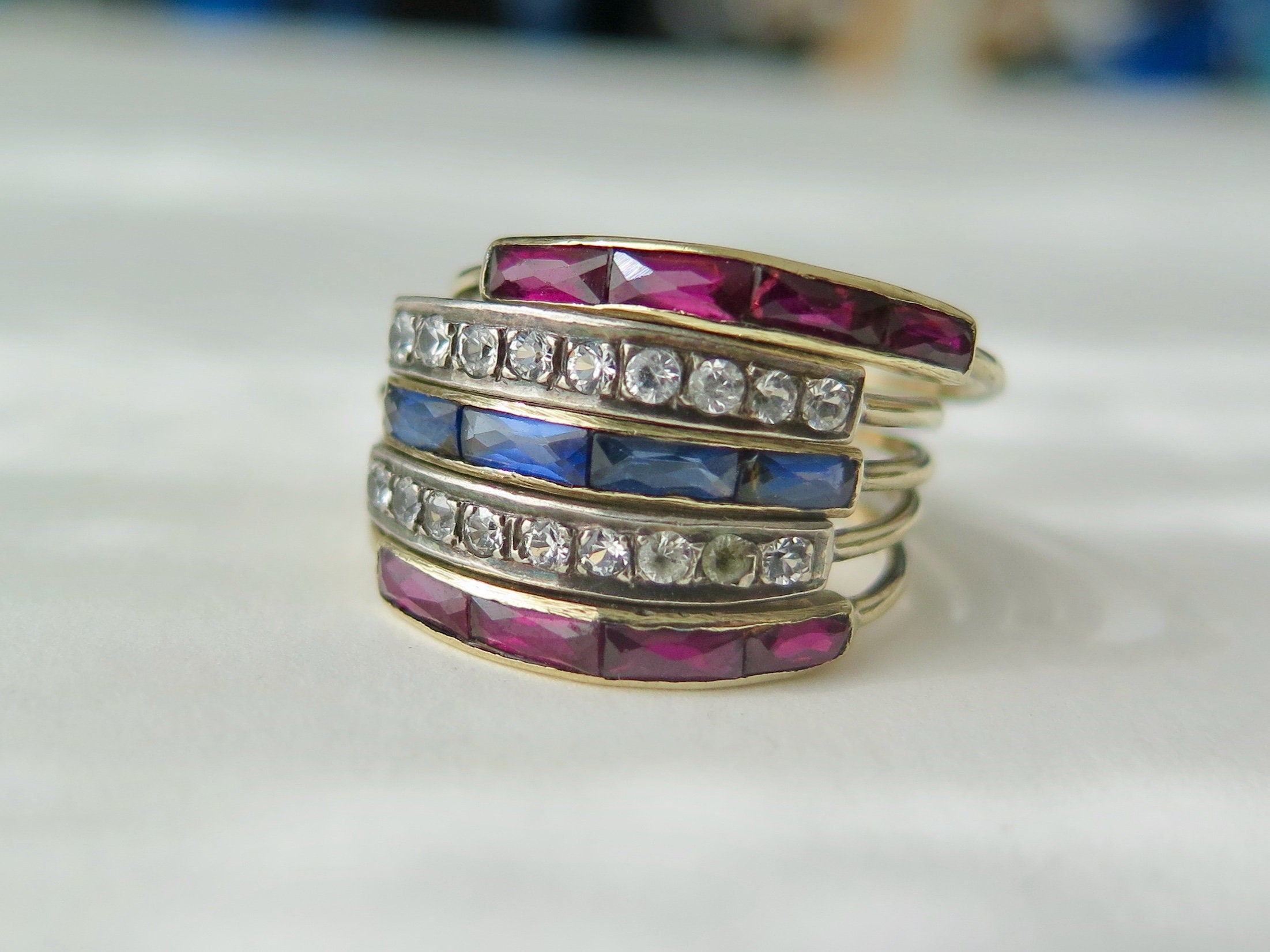 Antique 18k Gold Harem Ring: Ruby, Blue & White Sapphire, Multi-Band