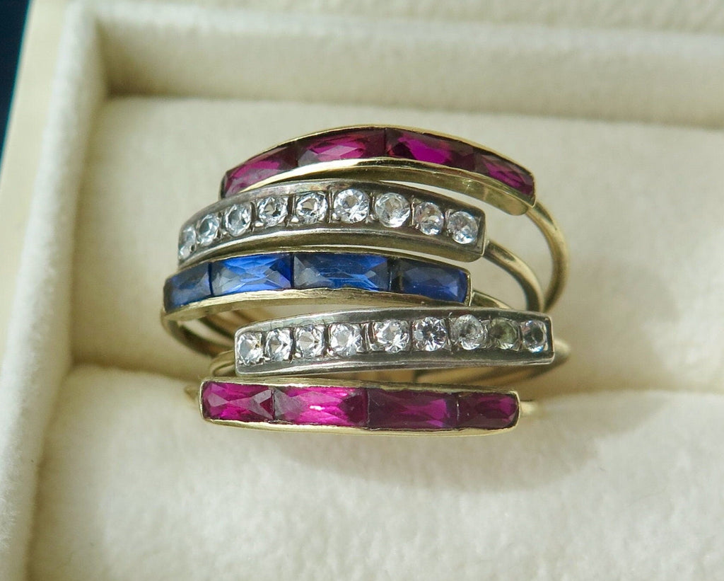 Antique Harem ring, 18k Gold, Ruby, Blue and White Sapphire, Mid-century, Art Deco Harem Ring, 5-Band Harem Ring