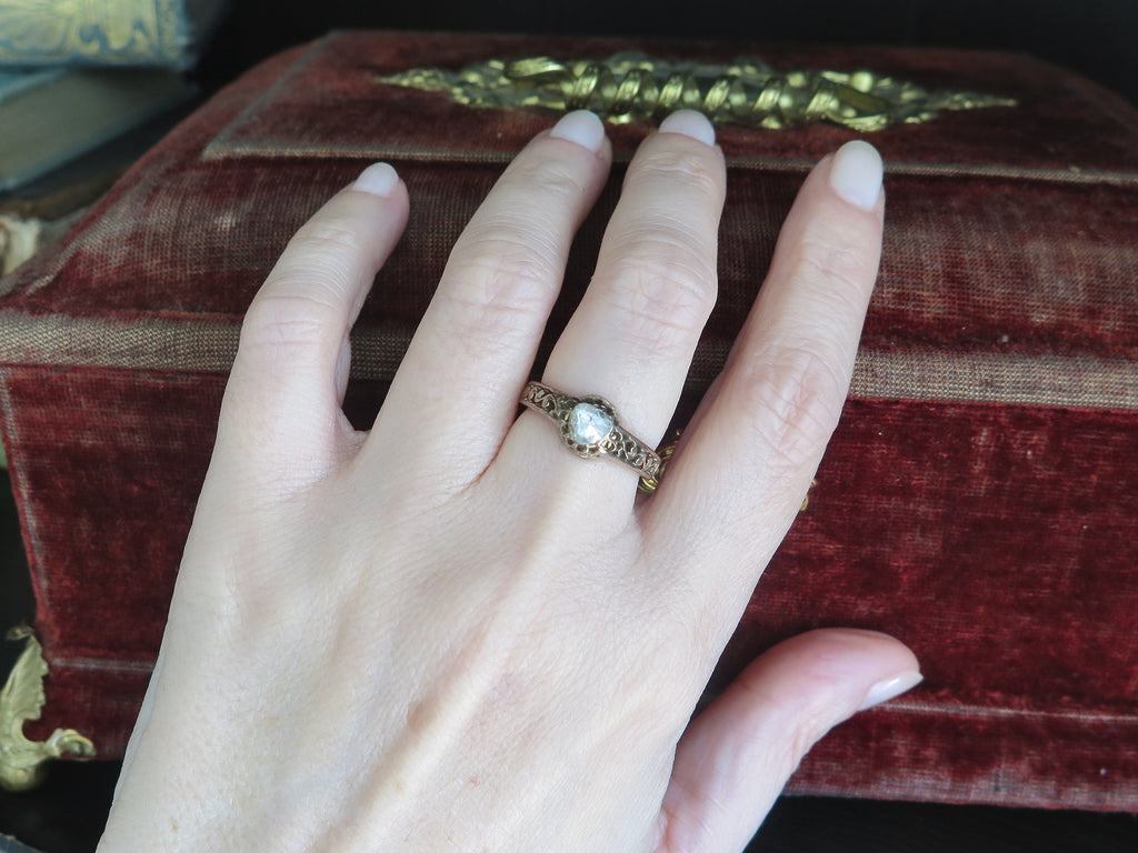 Antique Victorian 9k Gold Diamond Ring: Heart Shaped Rose Cut Solitaire