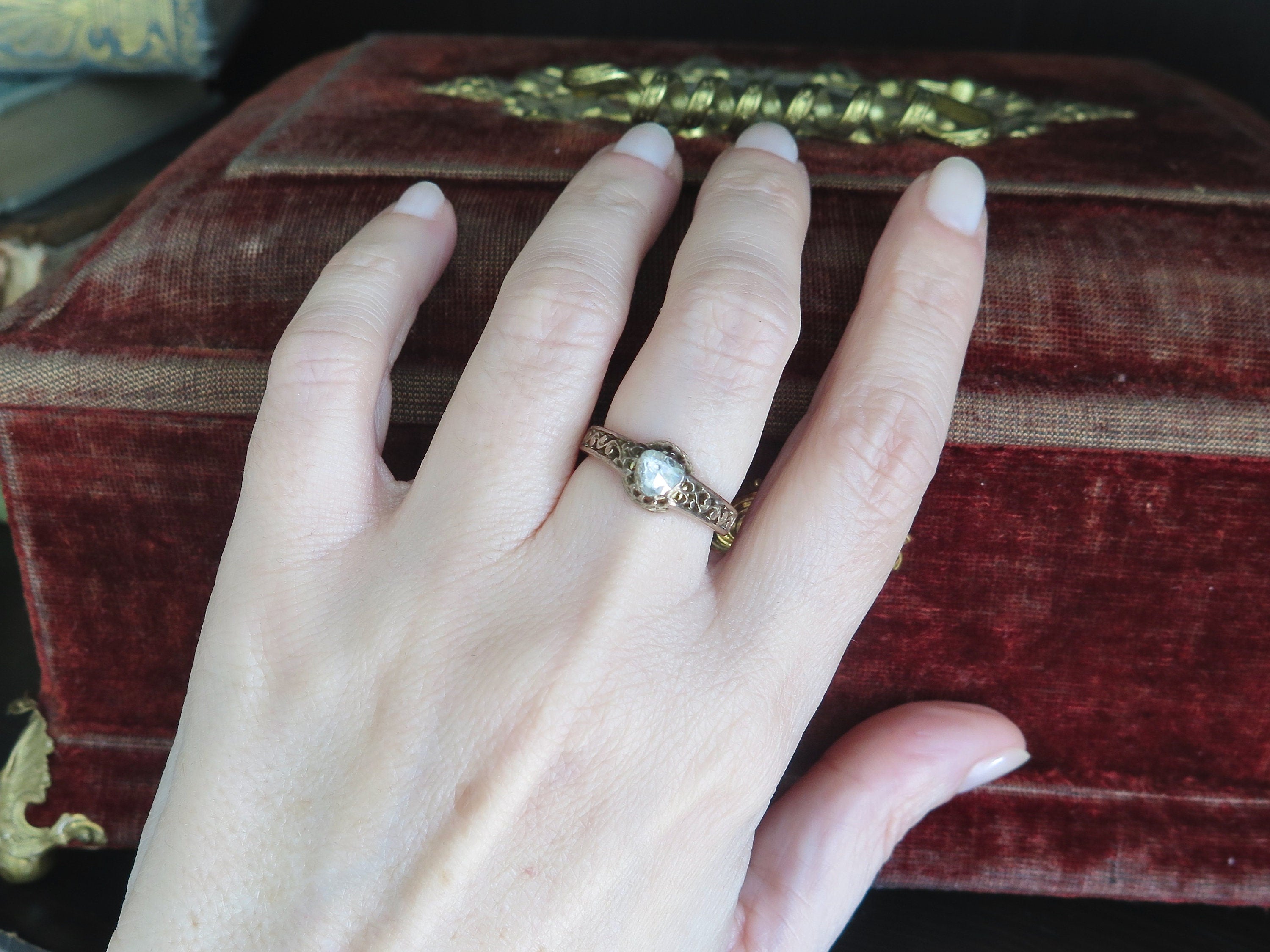 Antique Victorian 9k Gold Diamond Ring: Heart Shaped Rose Cut Solitaire