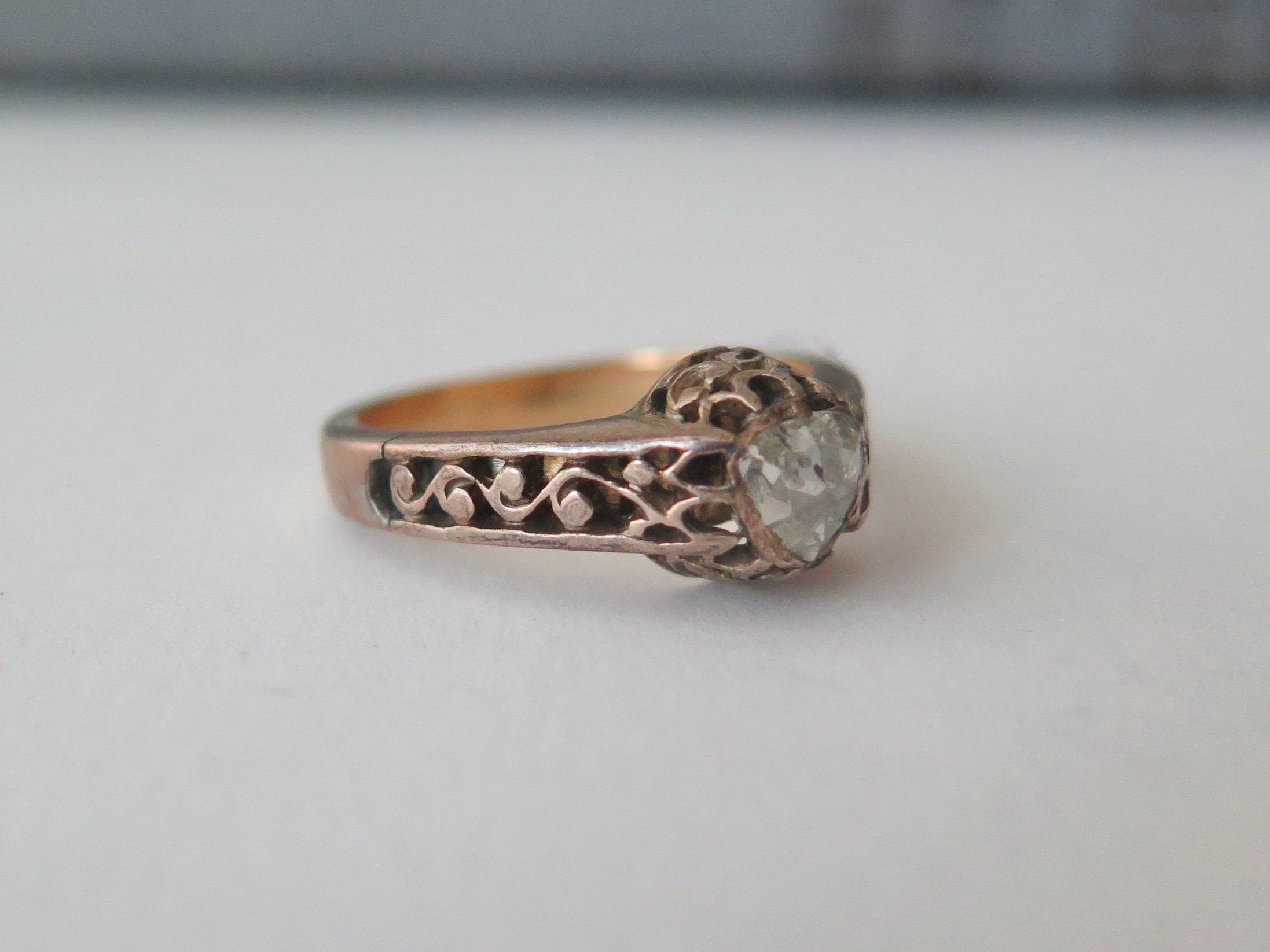 Antique Victorian 9k Gold Diamond Ring: Heart Shaped Rose Cut Solitaire