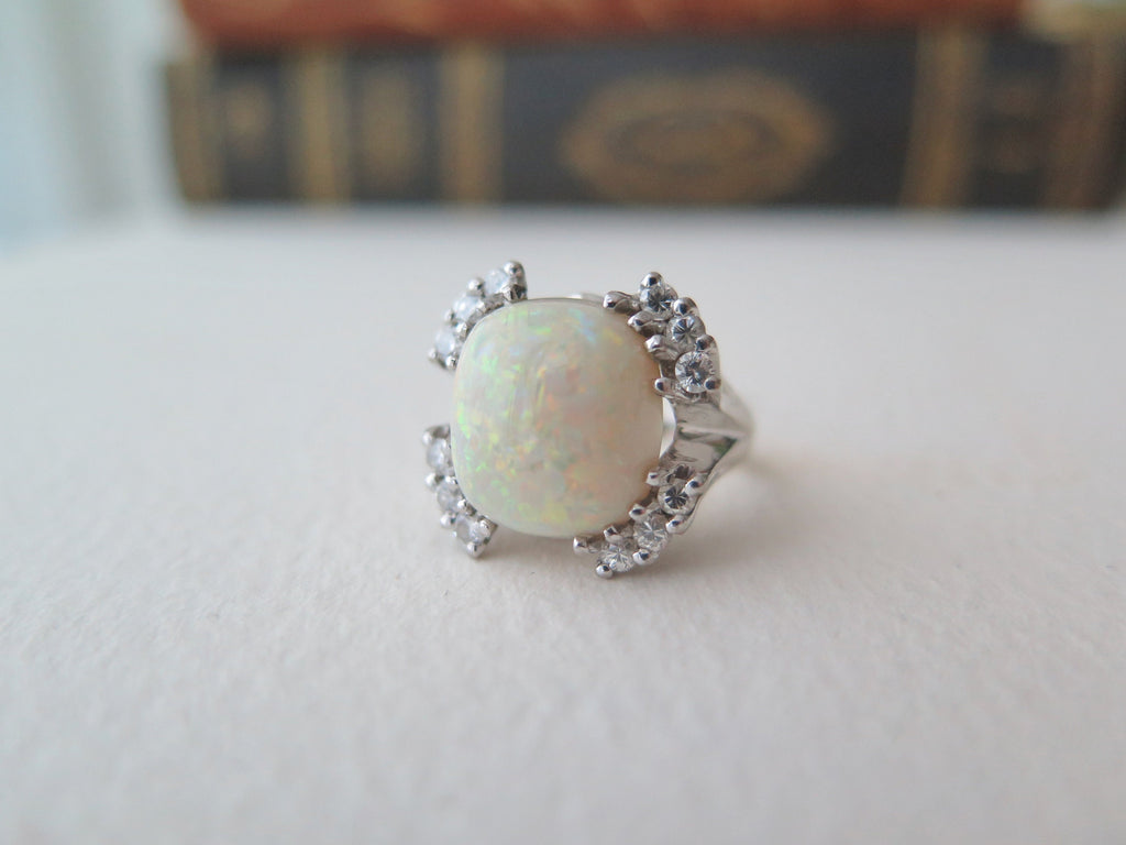 Vintage 18k Gold Opal Ring with Diamonds, XL Statement Ring, Size 6 1/4