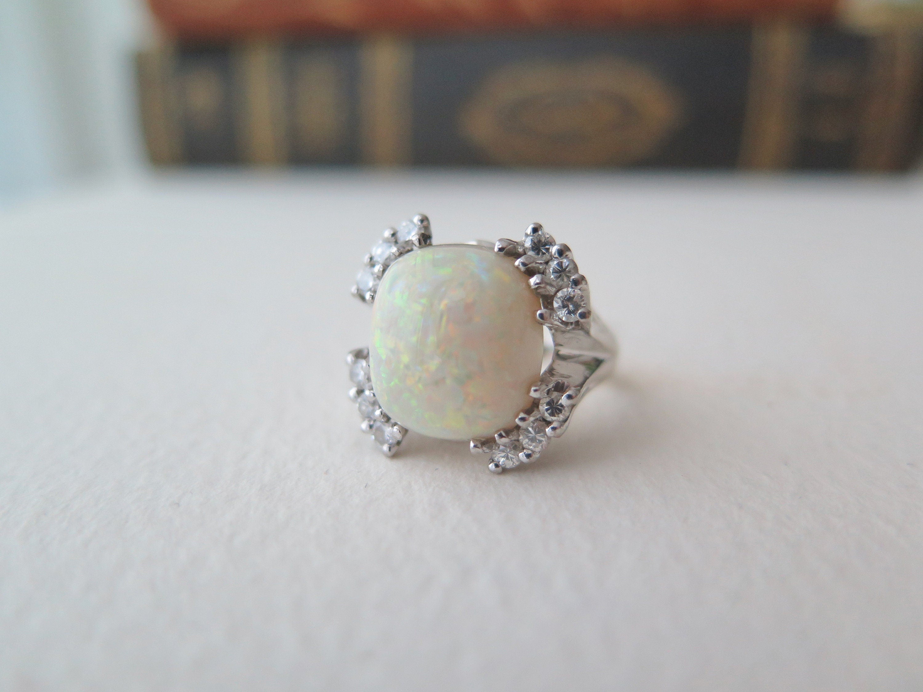 Vintage 18k Gold Opal Ring with Diamonds, XL Statement Ring, Size 6 1/4