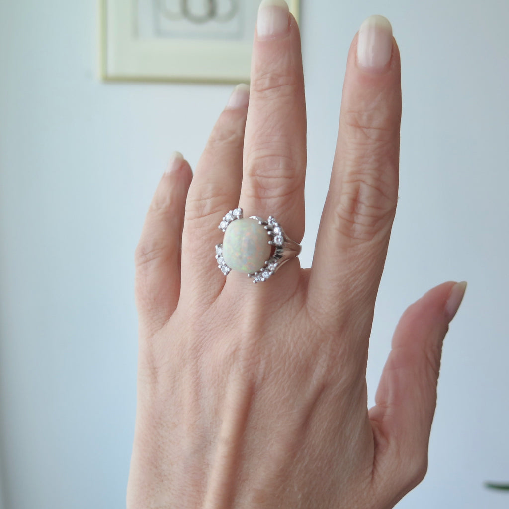Vintage 18k Gold Opal Ring with Diamonds, XL Statement Ring, Size 6 1/4