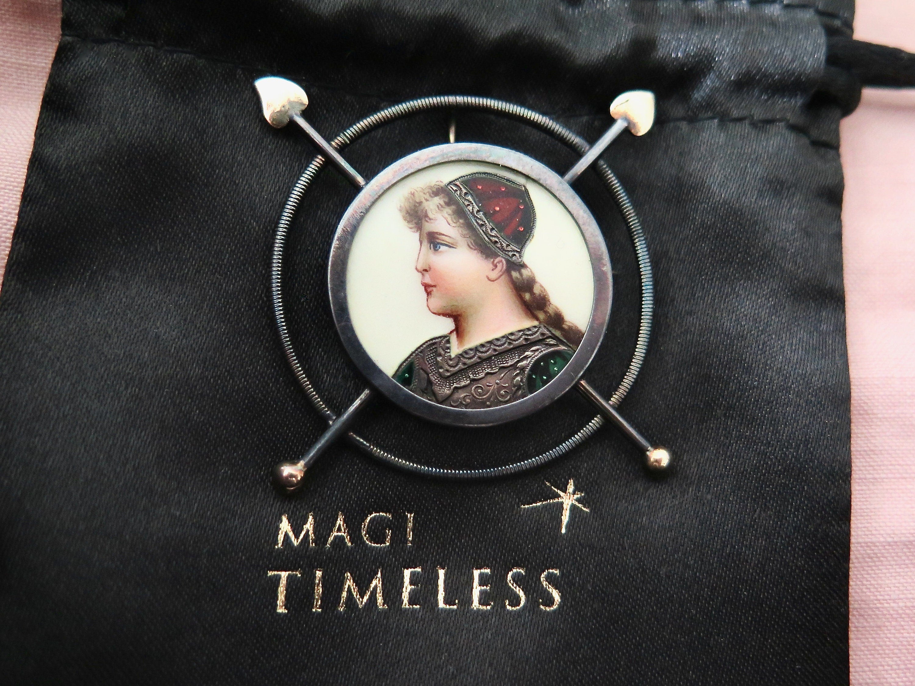 Antique Victorian Enameled Silver and Rose Gold Pendant Brooch Warrioress