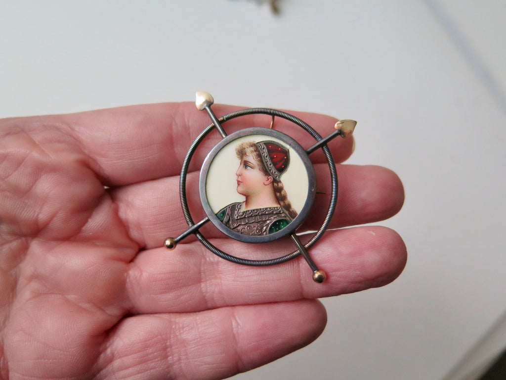 Antique Victorian Enameled Silver and Rose Gold Pendant Brooch Warrioress