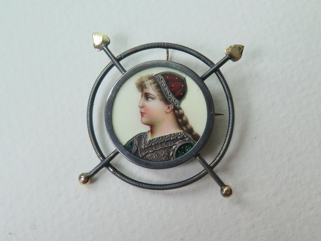 Antique Victorian Enameled Silver and Rose Gold Pendant Brooch Warrioress