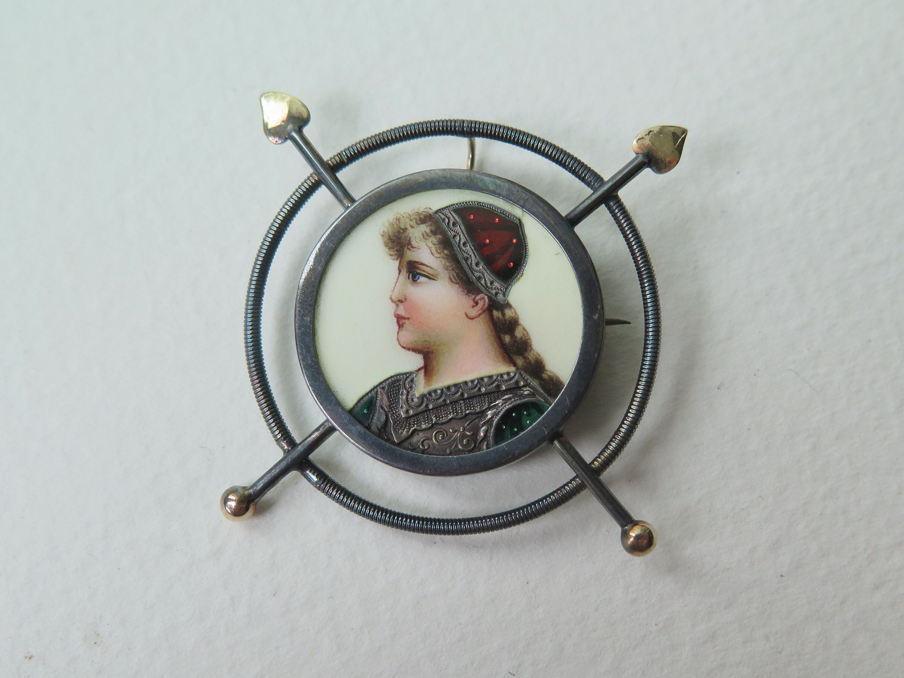 Antique Victorian Enameled Silver and Rose Gold Pendant Brooch Warrioress