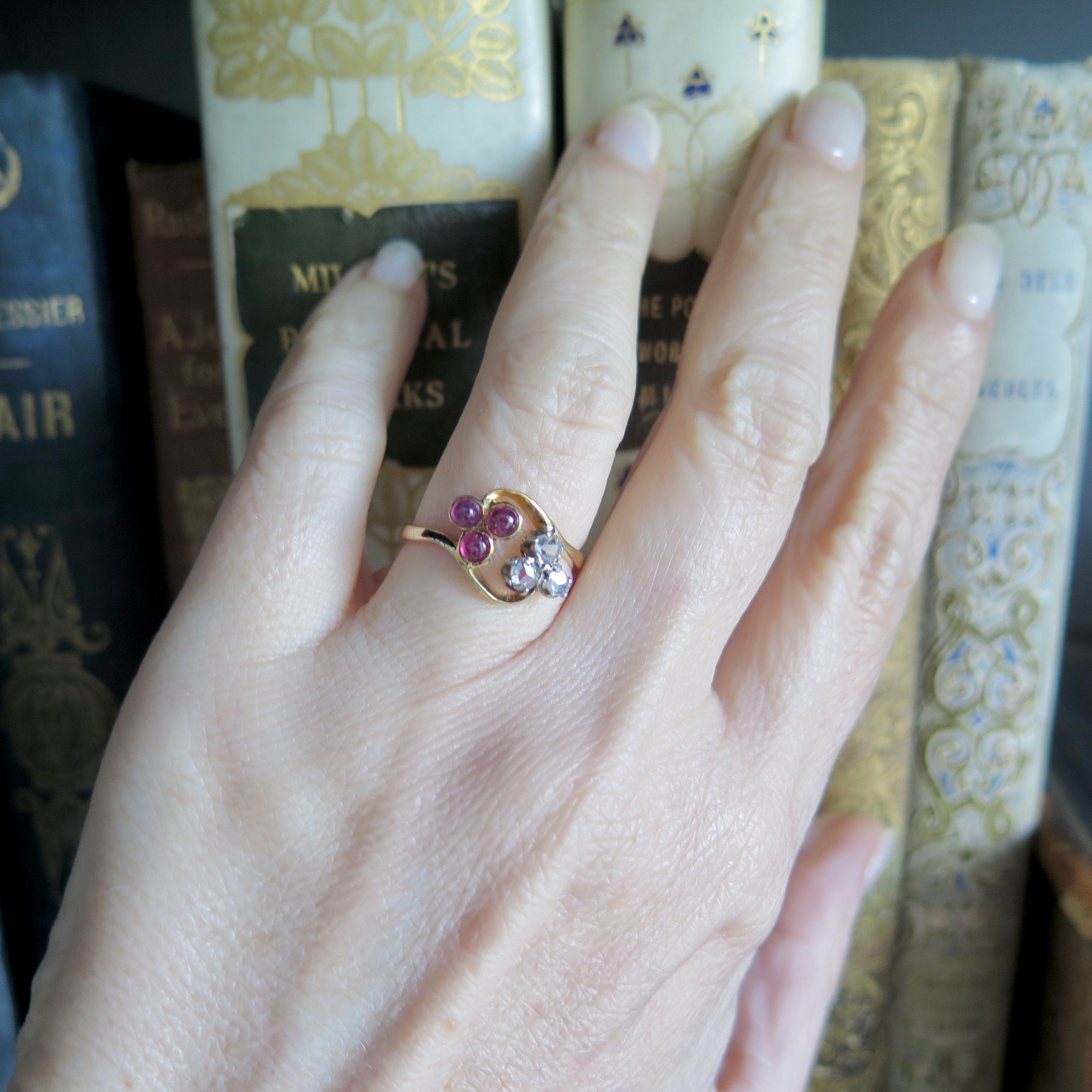 Vintage 18k Gold Ring with Rubies and Diamonds, ca. 1940s