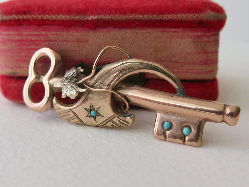 Antique Victorian 12k Gold Turquoise Key Brooch Pendant