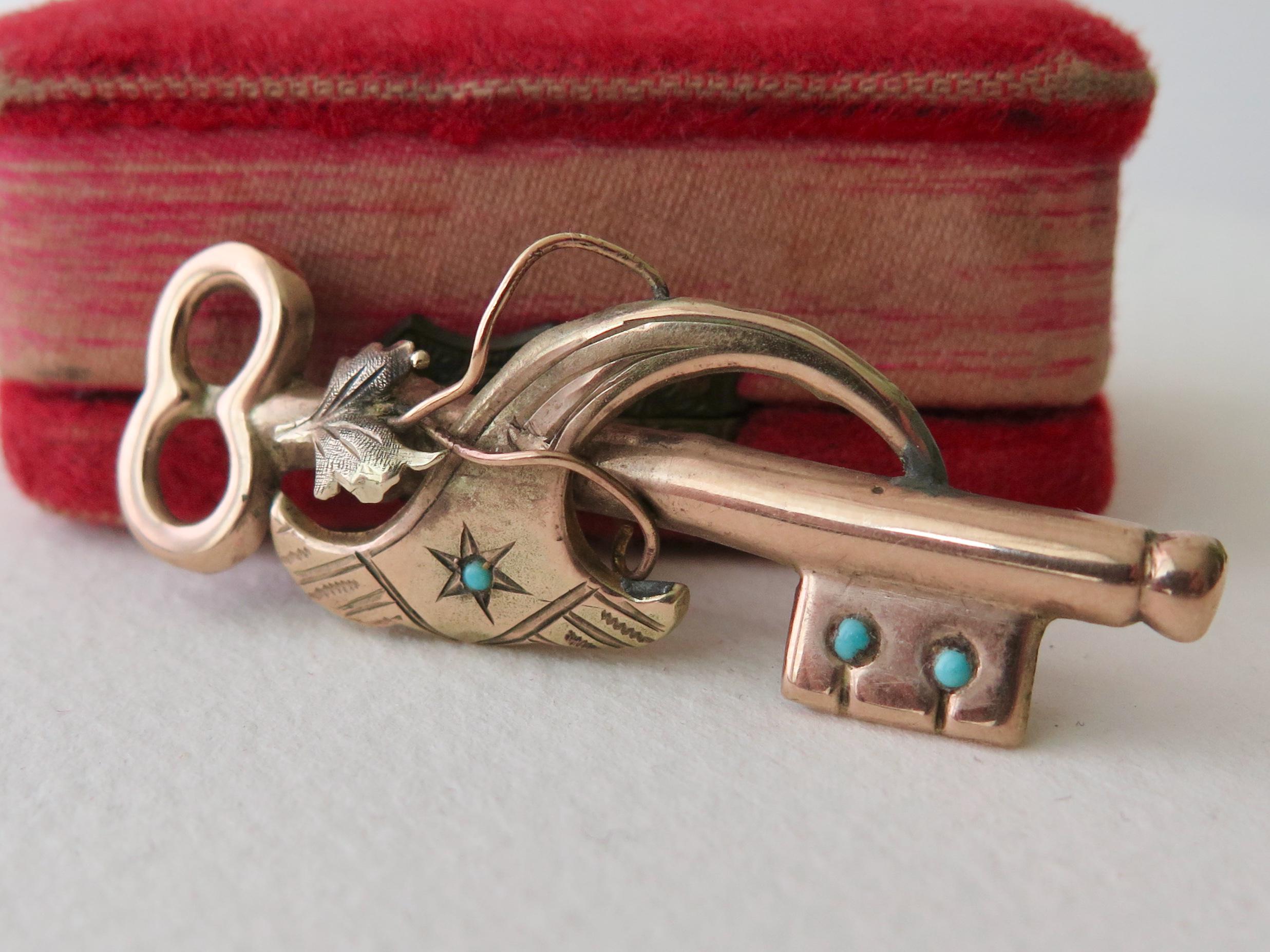 Antique Victorian 12k Gold Turquoise Key Brooch Pendant