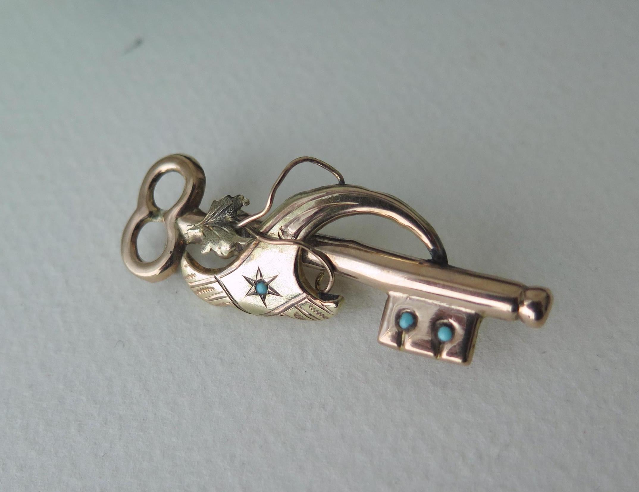 Antique Victorian 12k Gold Turquoise Key Brooch Pendant