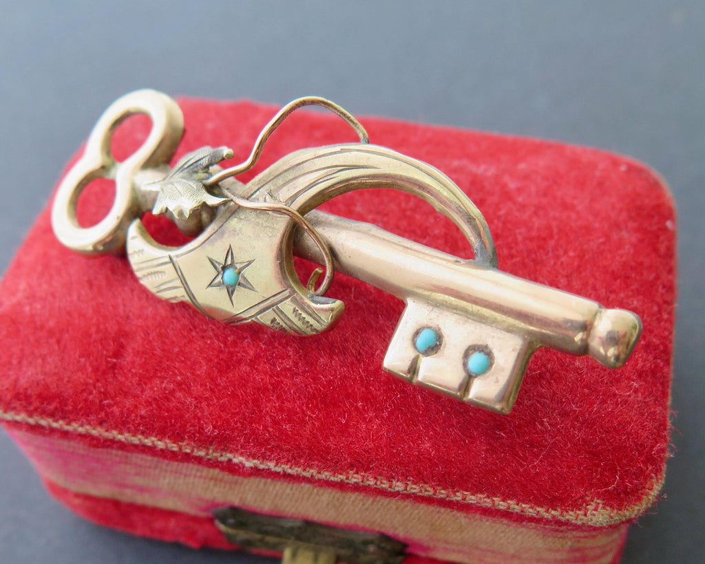 Antique Victorian 12k Gold Turquoise Key Brooch Pendant