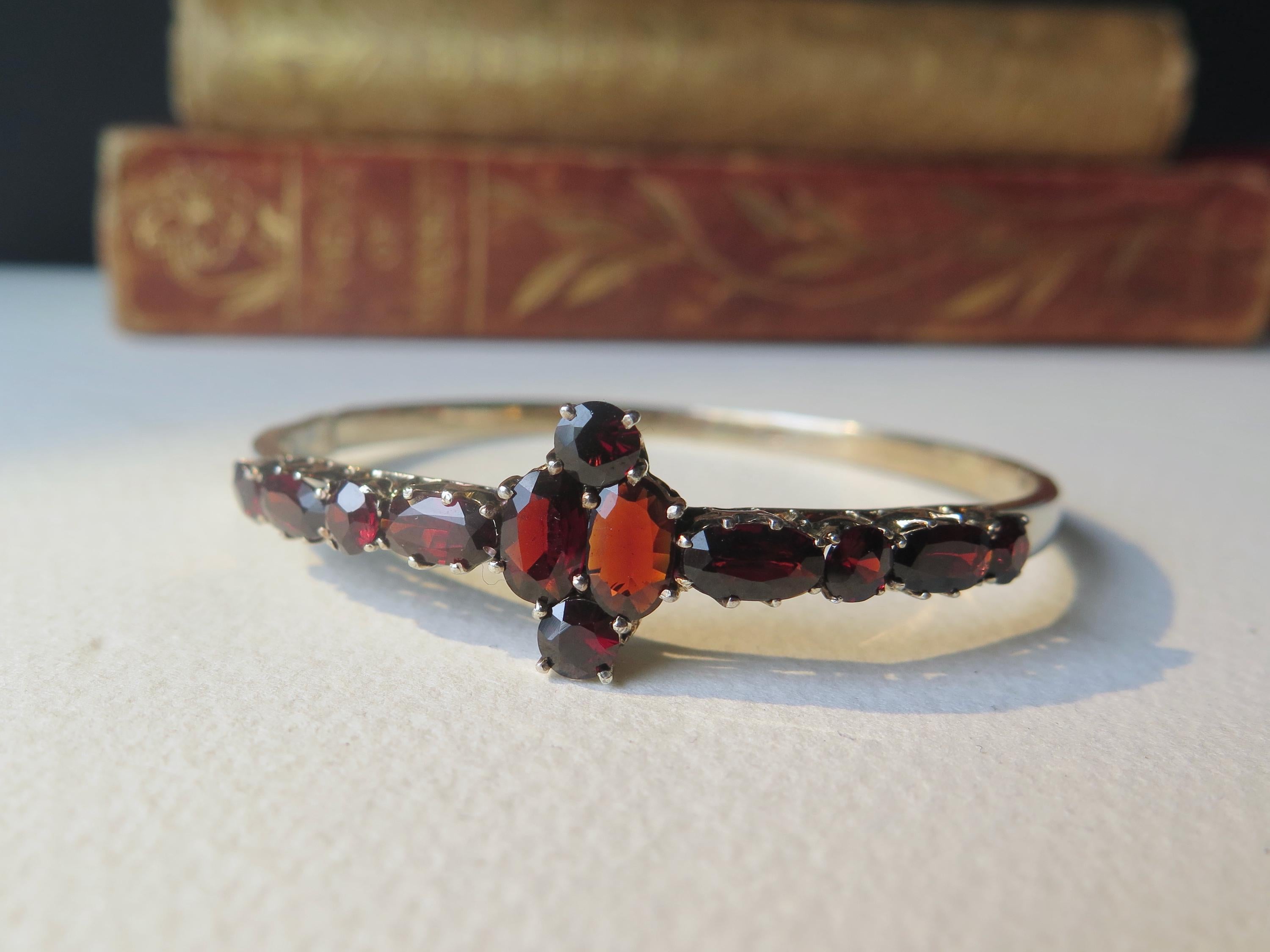 Antique Victorian Sterling Silver Garnet Bangle Bracelet