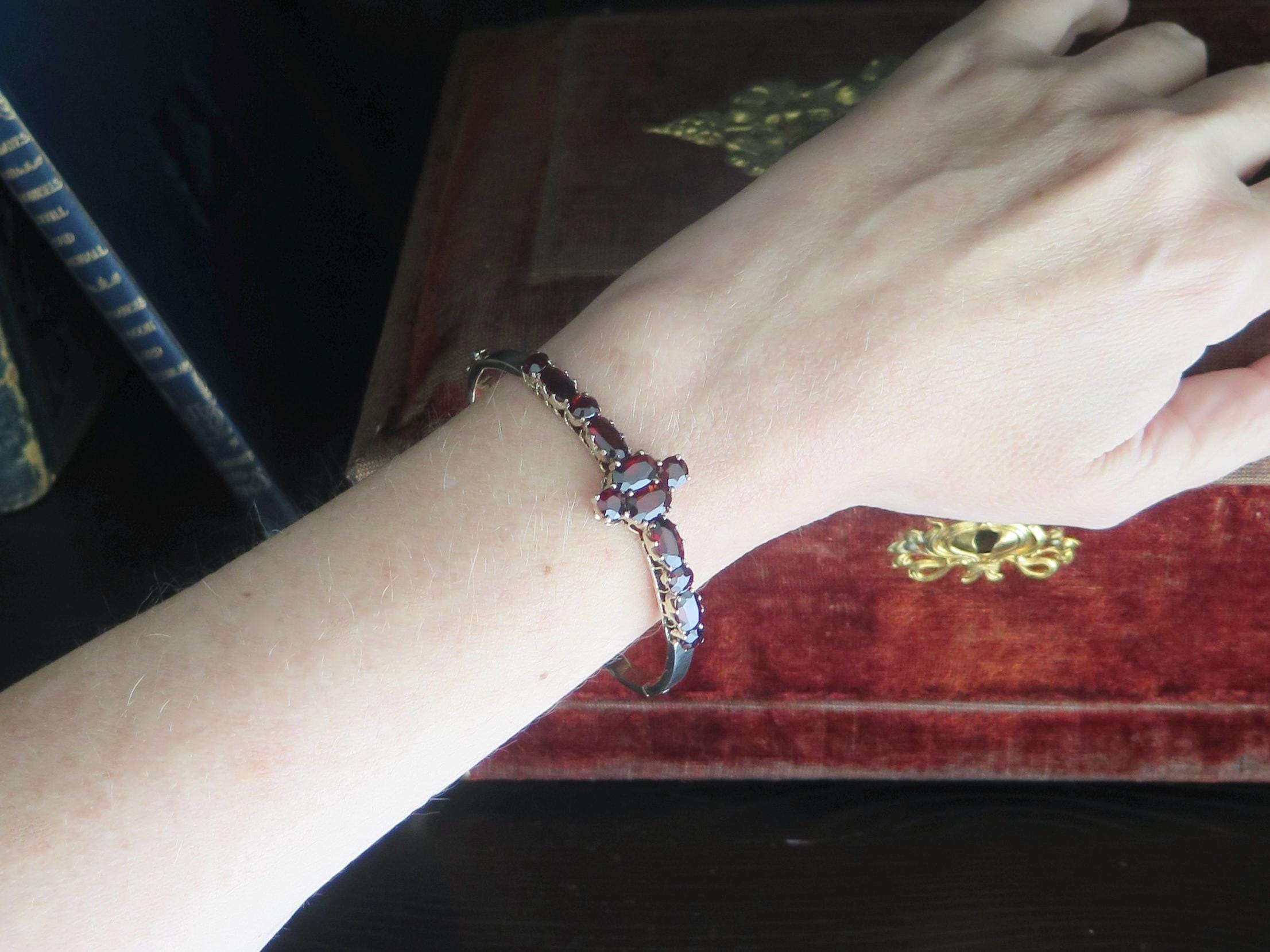 Antique Victorian Sterling Silver Garnet Bangle Bracelet
