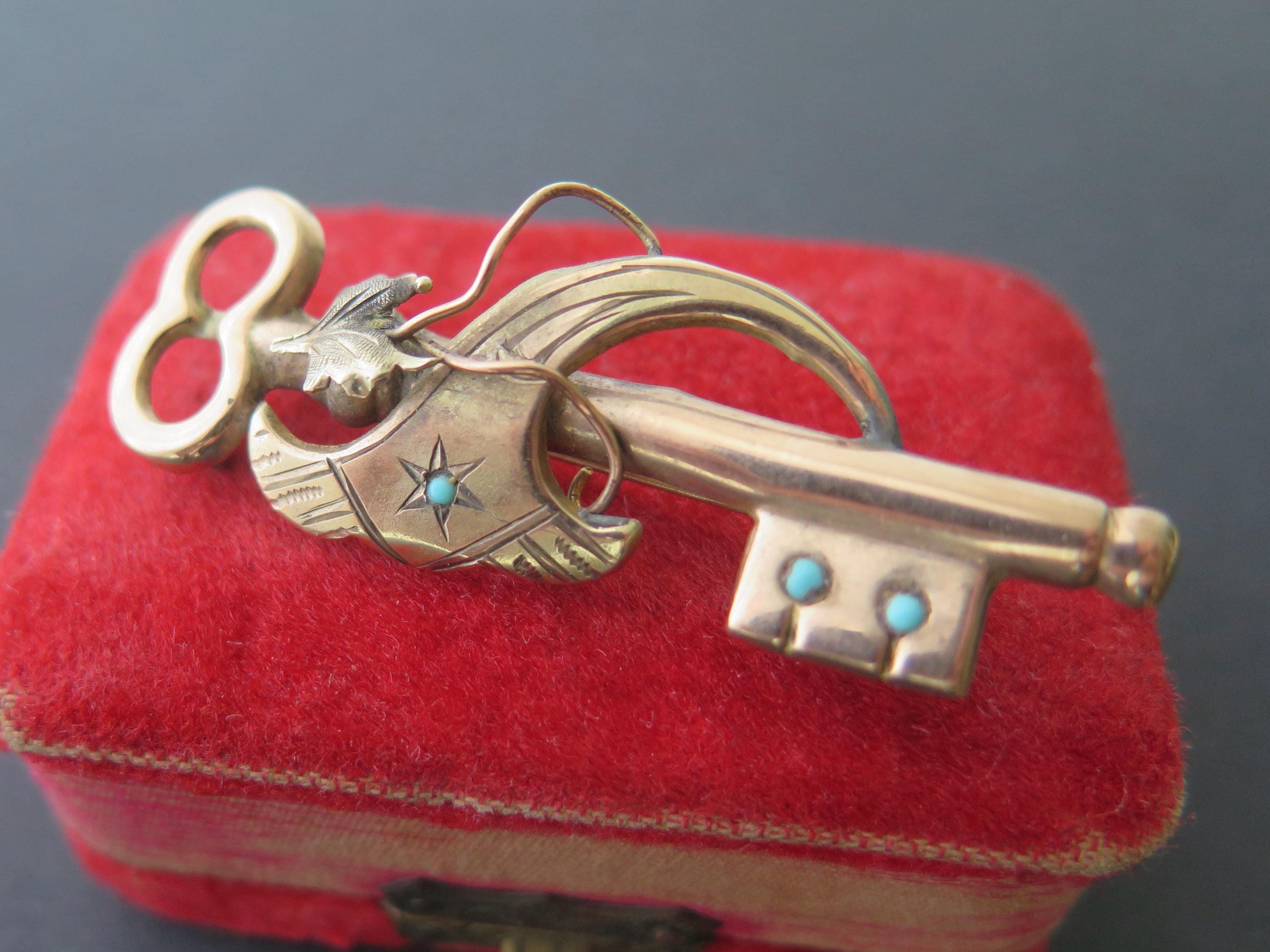 Antique Victorian 12k Gold Turquoise Key Brooch Pendant