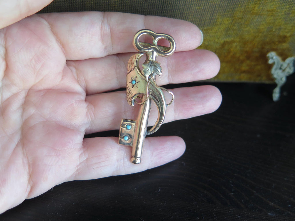 Antique Victorian 12k Gold Turquoise Key Brooch Pendant