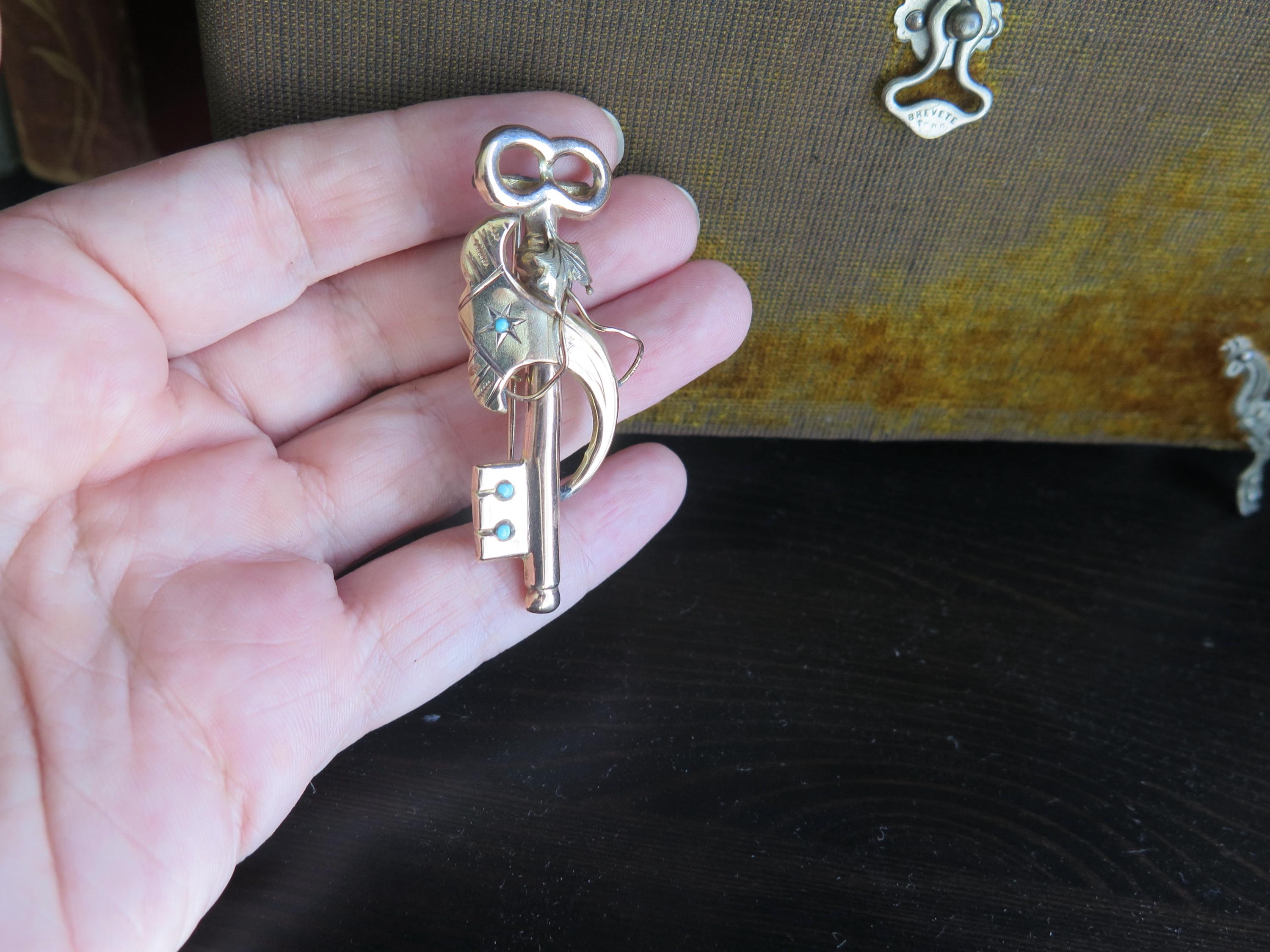 Antique Victorian 12k Gold Turquoise Key Brooch Pendant