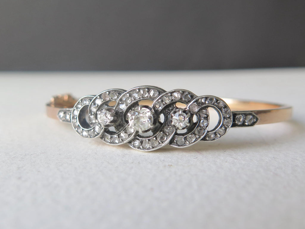 Antique French 18k Gold Diamond Bracelet, Victorian Diamond Bangle 1800s