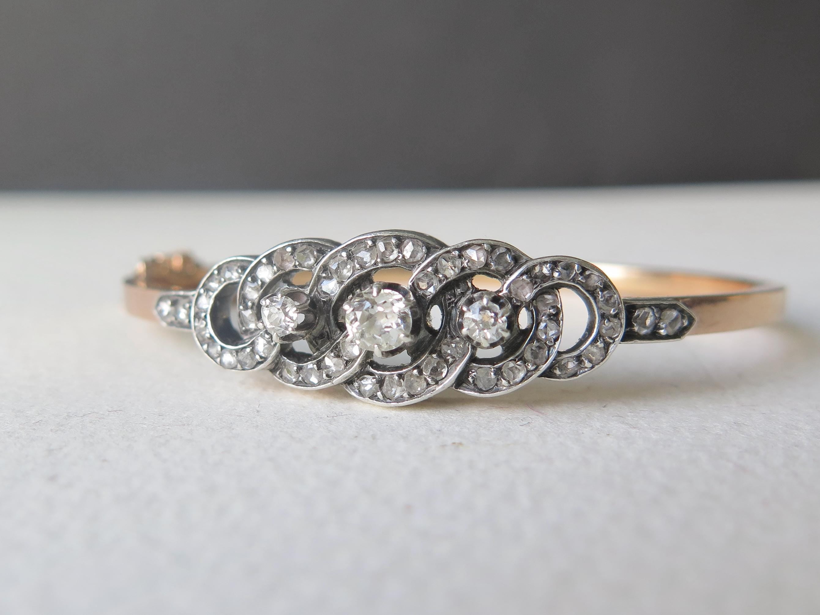 Antique French 18k Gold Diamond Bracelet, Victorian Diamond Bangle 1800s
