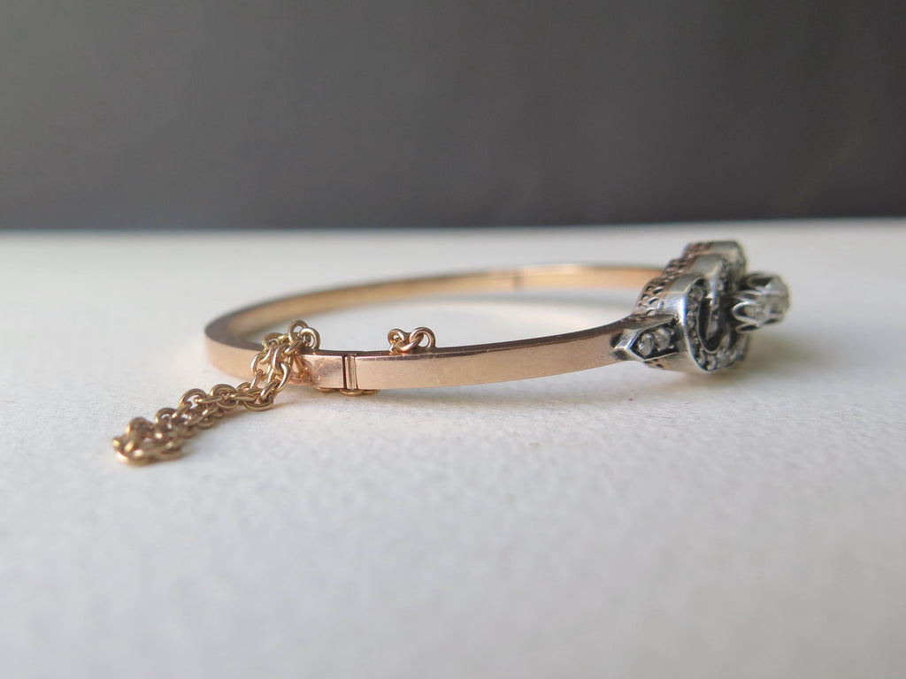 Antique French 18k Gold Diamond Bracelet, Victorian Diamond Bangle 1800s