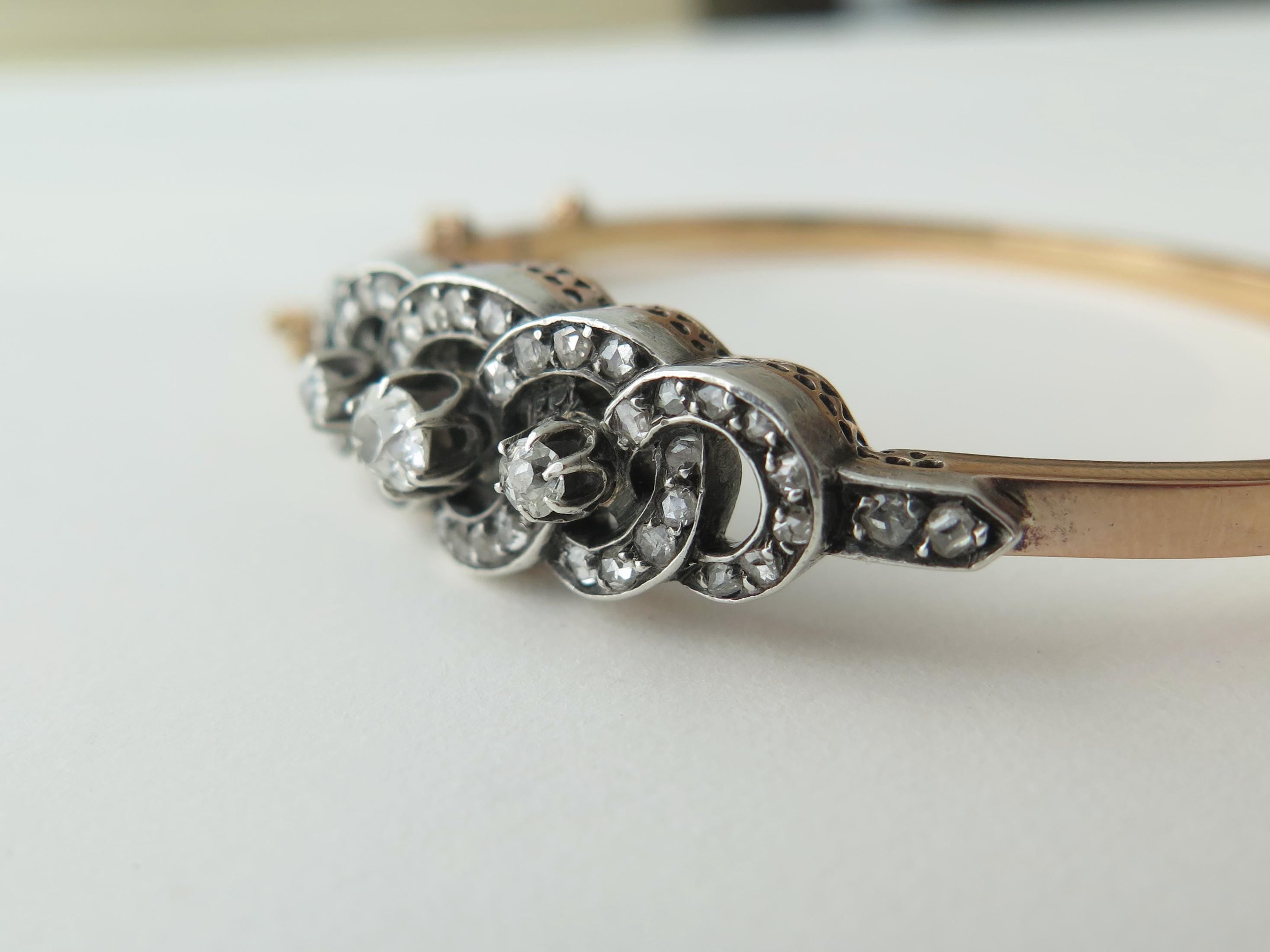 Antique French 18k Gold Diamond Bracelet, Victorian Diamond Bangle 1800s