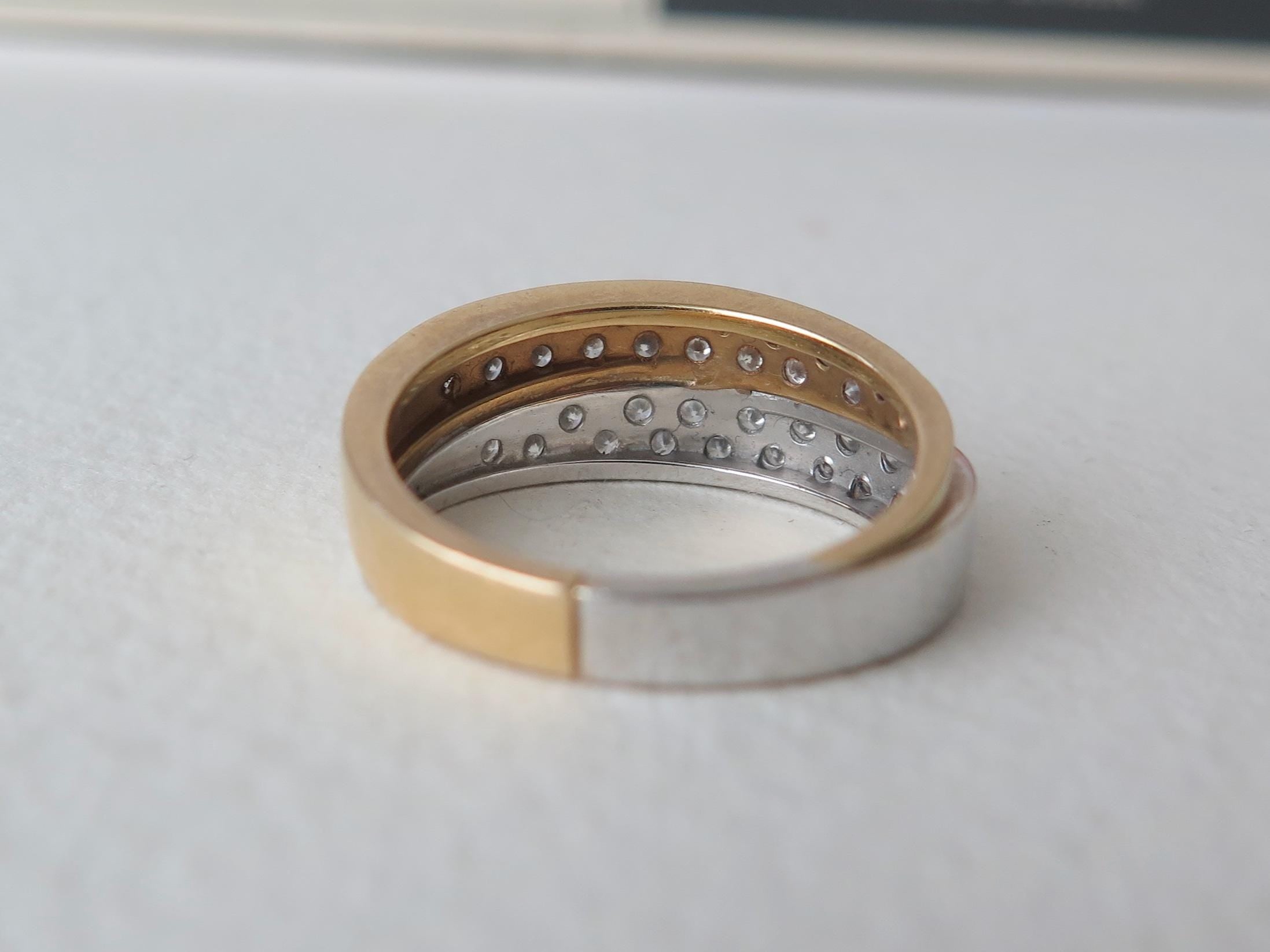 Vintage 18k Gold Diamond Double Band Ring: Yellow & White Gold