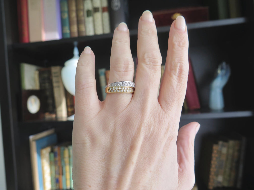 Vintage 18k Gold Diamond Double Band Ring: Yellow & White Gold
