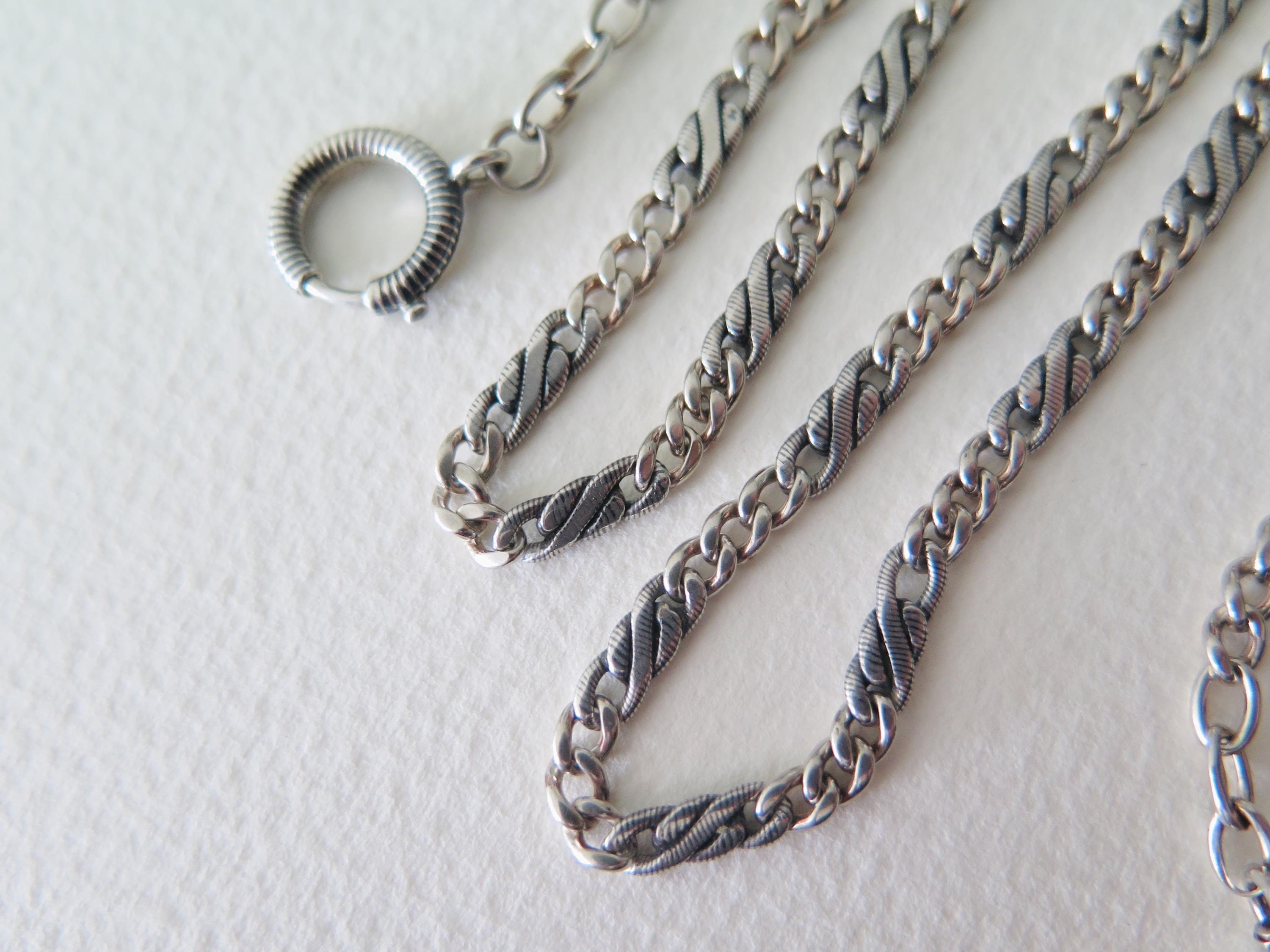 Antique Edwardian Niello Chain: 800 Silver Flat Link Necklace, 16.5"
