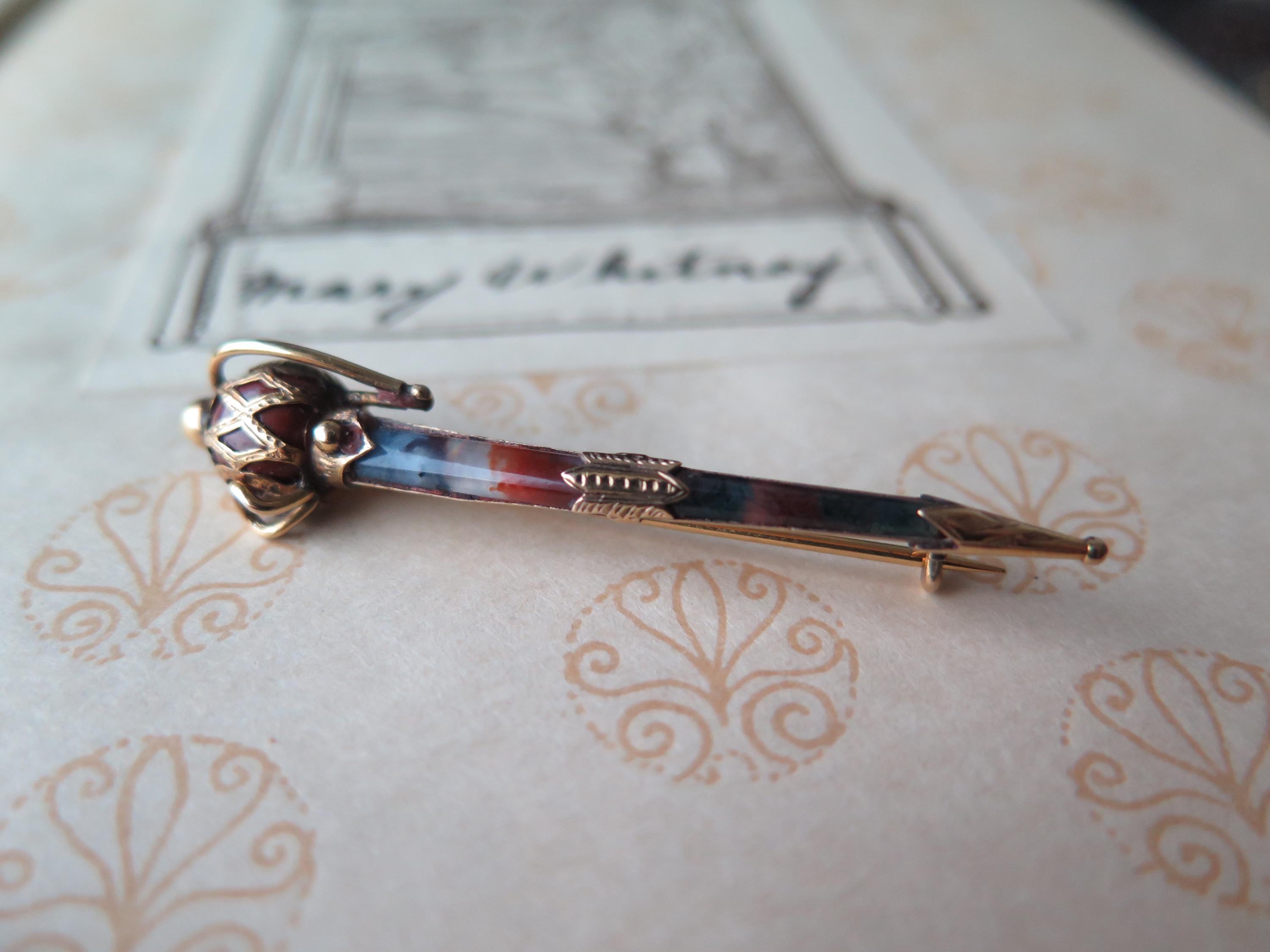 Antique 9k Gold Scottish Sword Brooch, Moss Agate Claymore Dagger