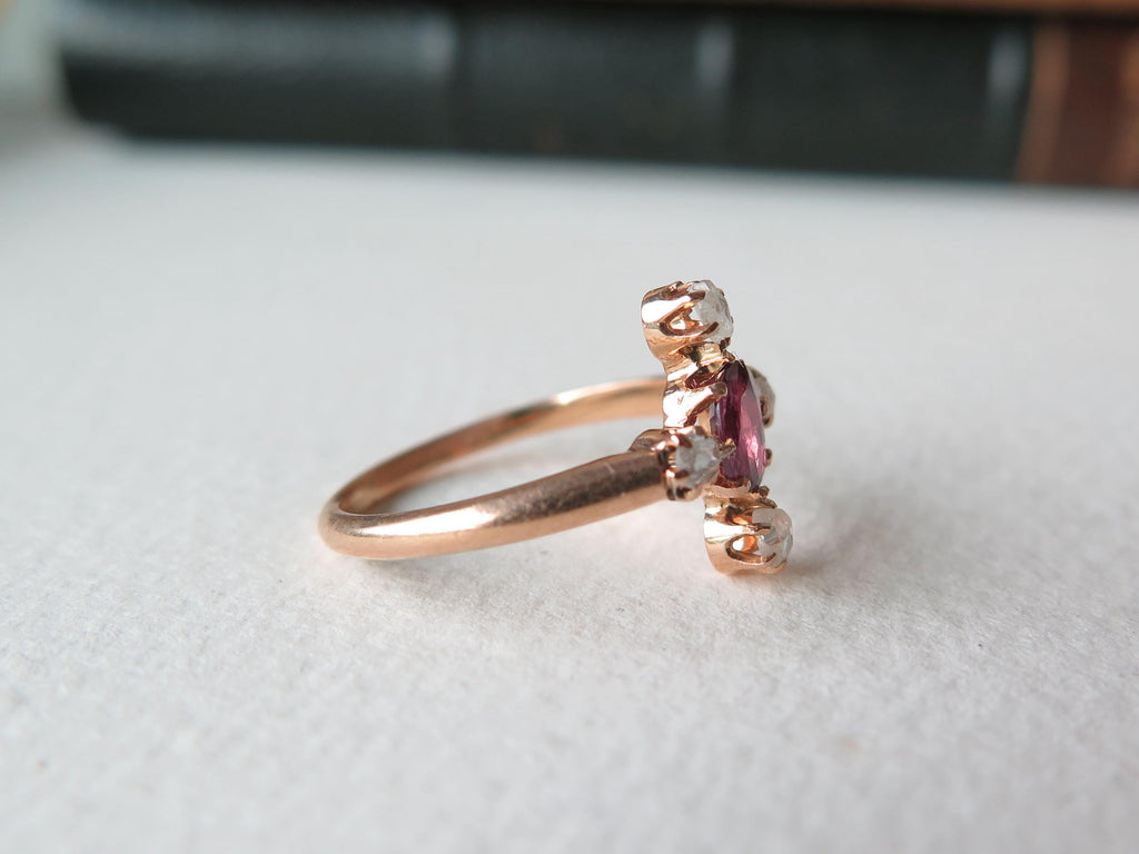 Antique Art Deco Ruby Ring: 18k Rose Gold, Rose Cut Diamonds