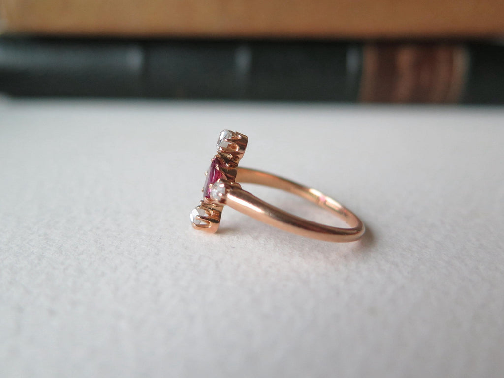 Antique Art Deco Ruby Ring: 18k Rose Gold, Rose Cut Diamonds