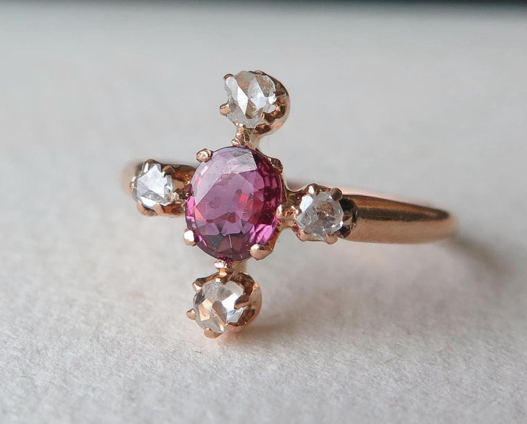 Antique Art Deco Ruby and Diamonds Ring, 18k Rose Gold, Rose Cut Diamonds