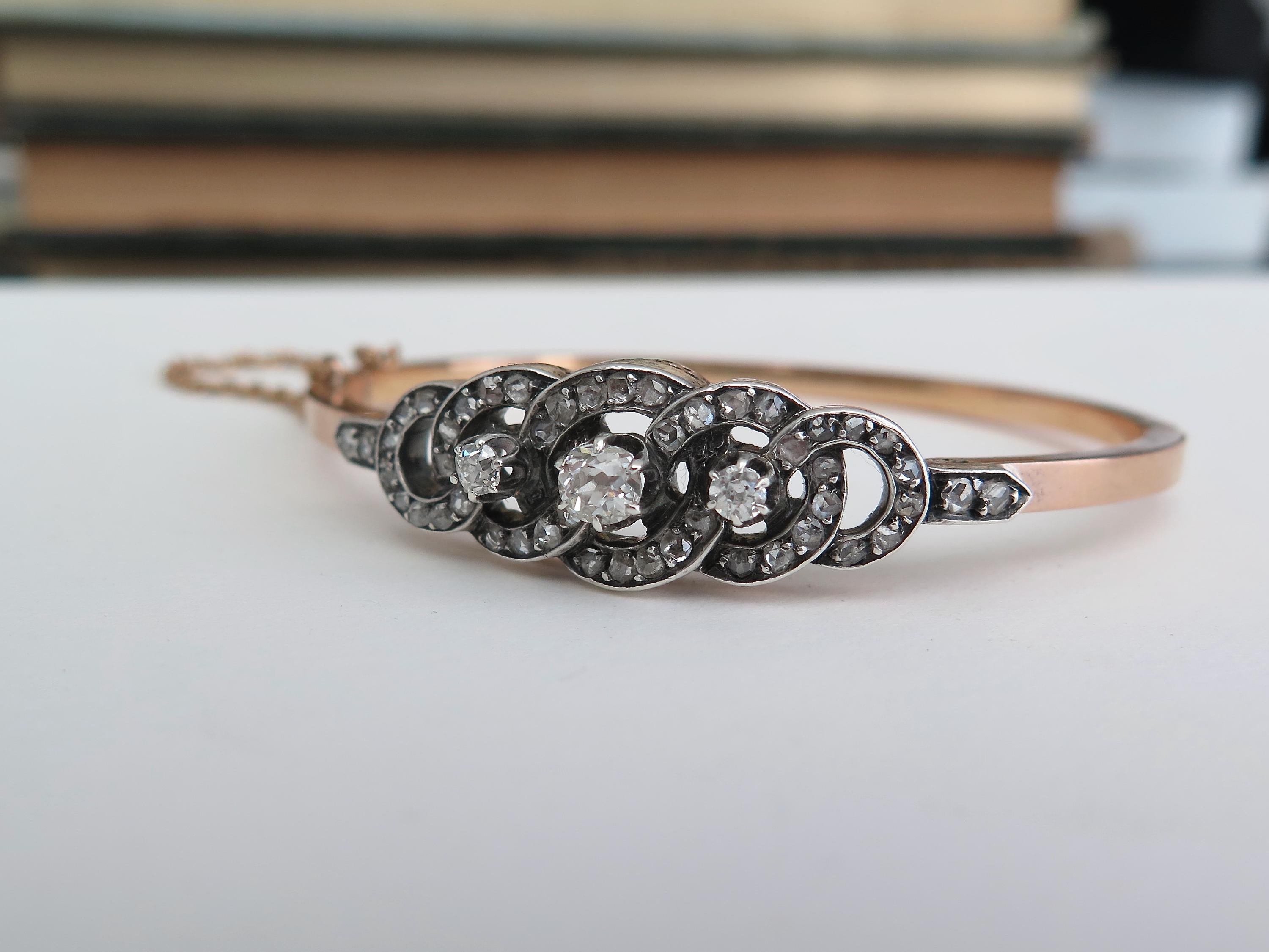 Antique French 18k Gold Diamond Bracelet, Victorian Diamond Bangle 1800s