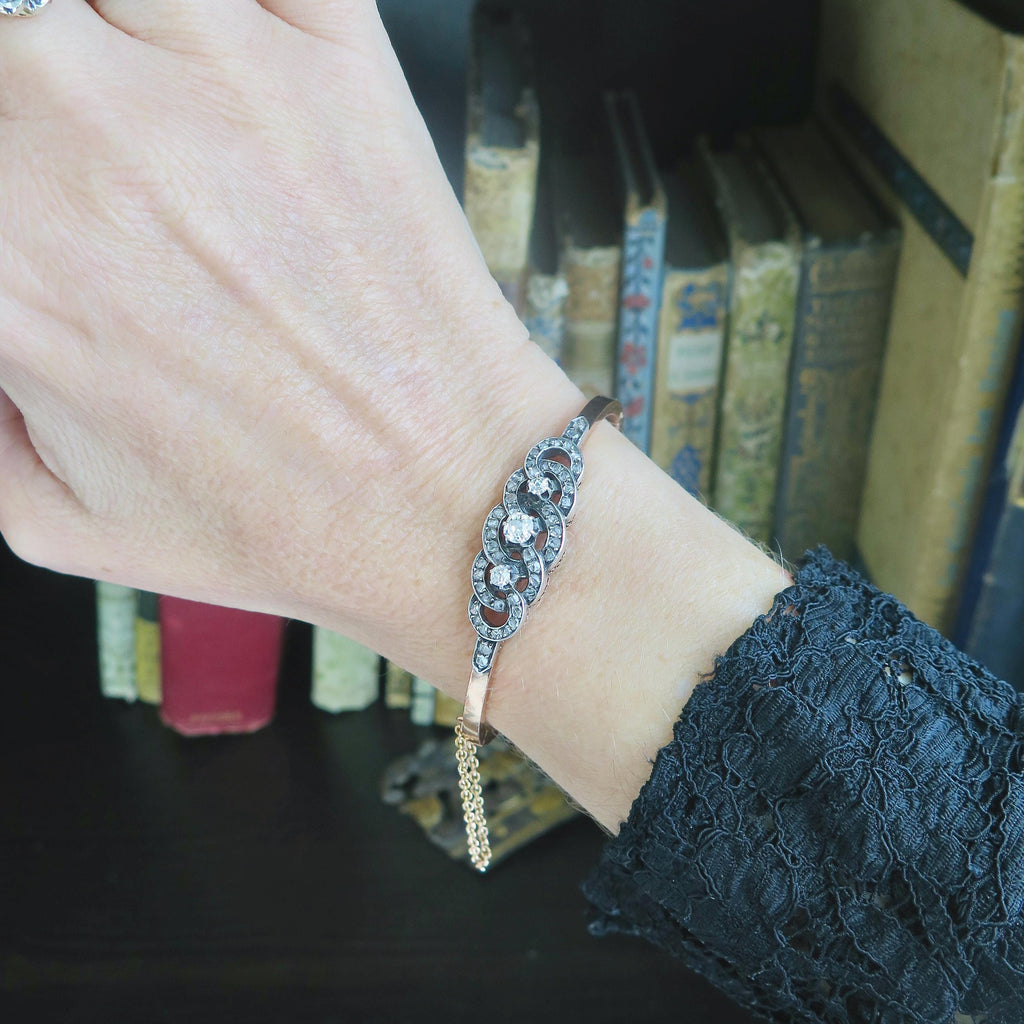 Antique French 18k Gold Diamond Bracelet, Victorian Diamond Bangle 1800s