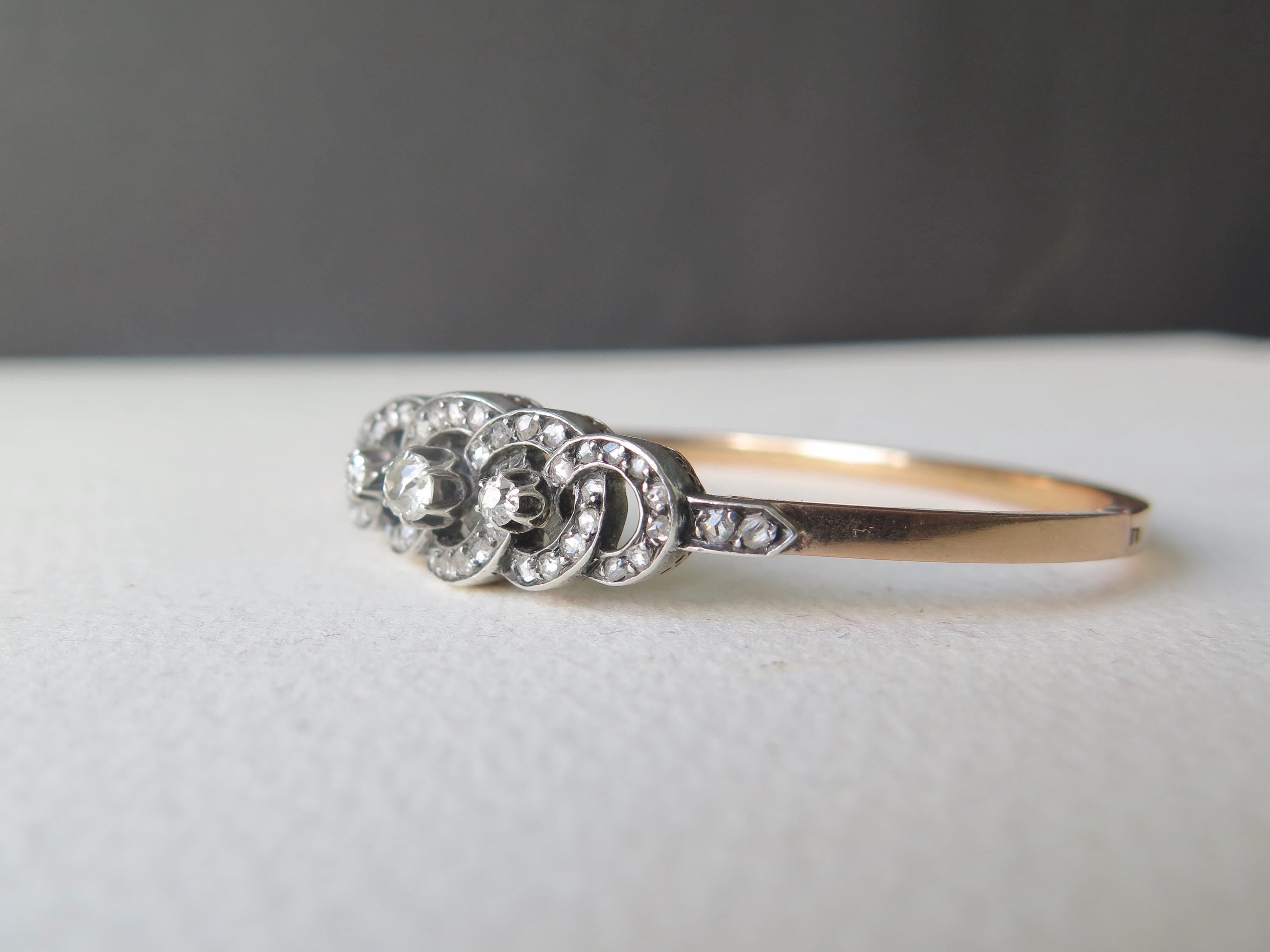 Antique French 18k Gold Diamond Bracelet, Victorian Diamond Bangle 1800s
